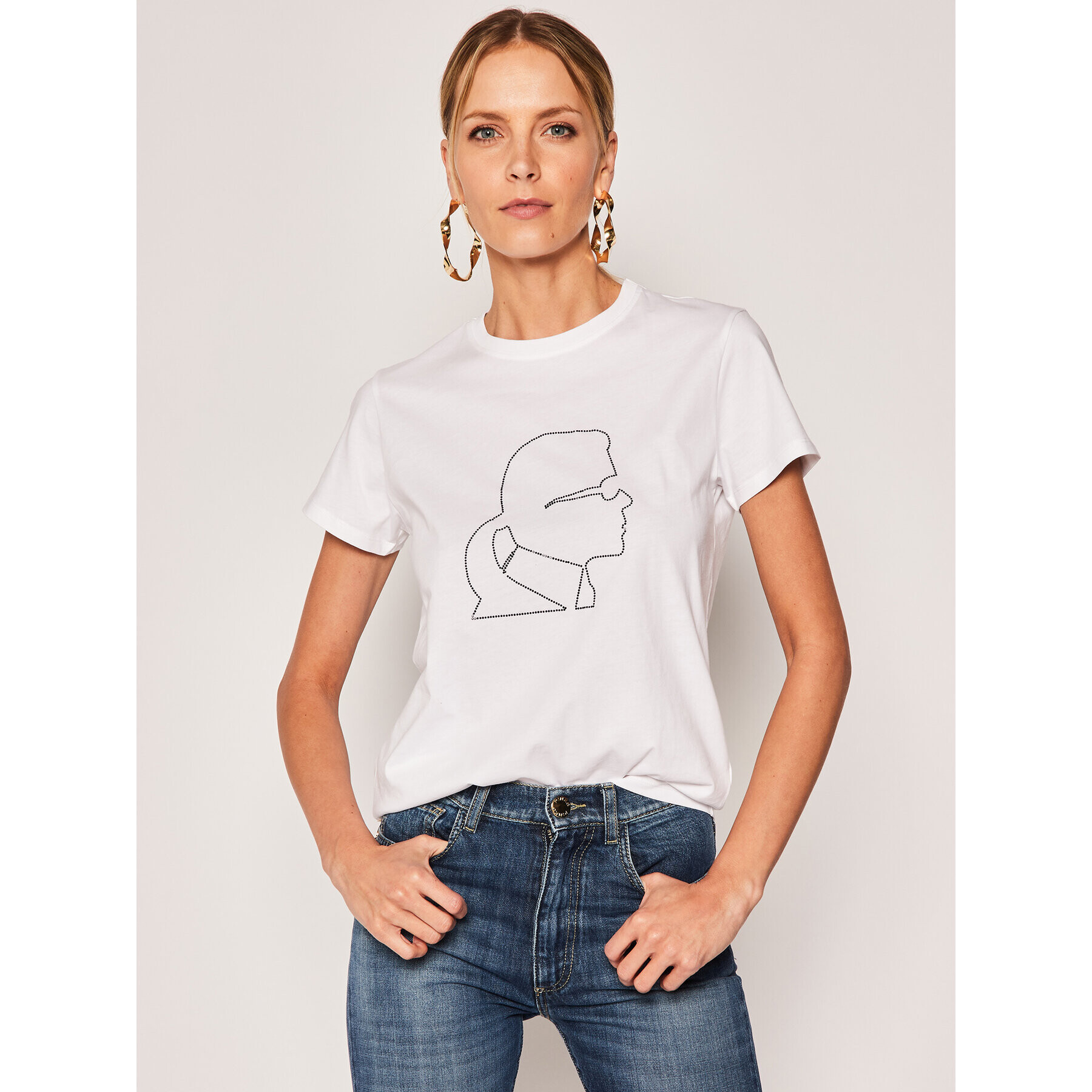 KARL LAGERFELD Тишърт Karl Profile Rhinestone Tee 201W1734 Бял Regular Fit - Pepit.bg