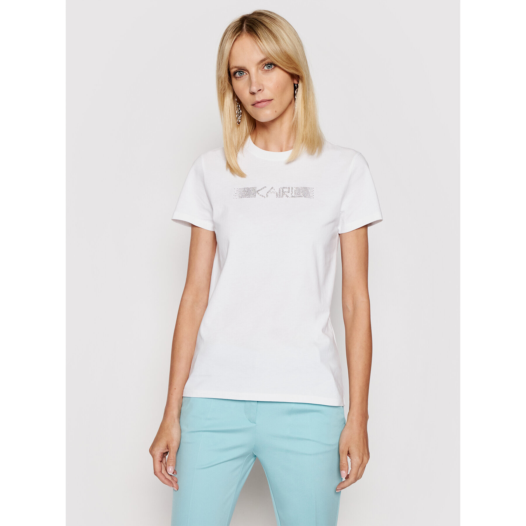 KARL LAGERFELD Тишърт Rhinestone Logo 211W1706 Бял Regular Fit - Pepit.bg