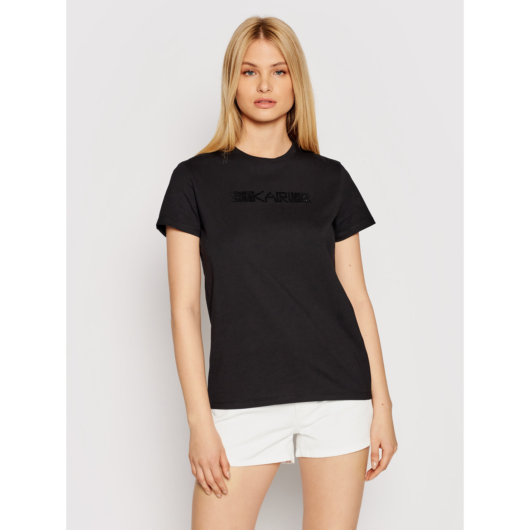 KARL LAGERFELD Тишърт Rhinestone Logo 211W1706 Черен Regular Fit - Pepit.bg