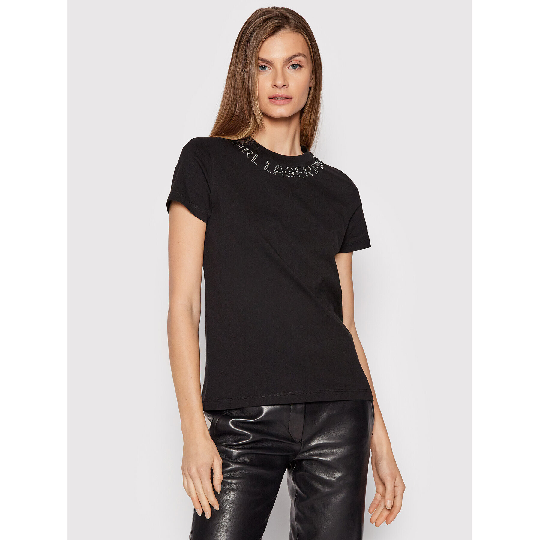 KARL LAGERFELD Тишърт Rhinestone Logo 216W1704 Черен Regular Fit - Pepit.bg