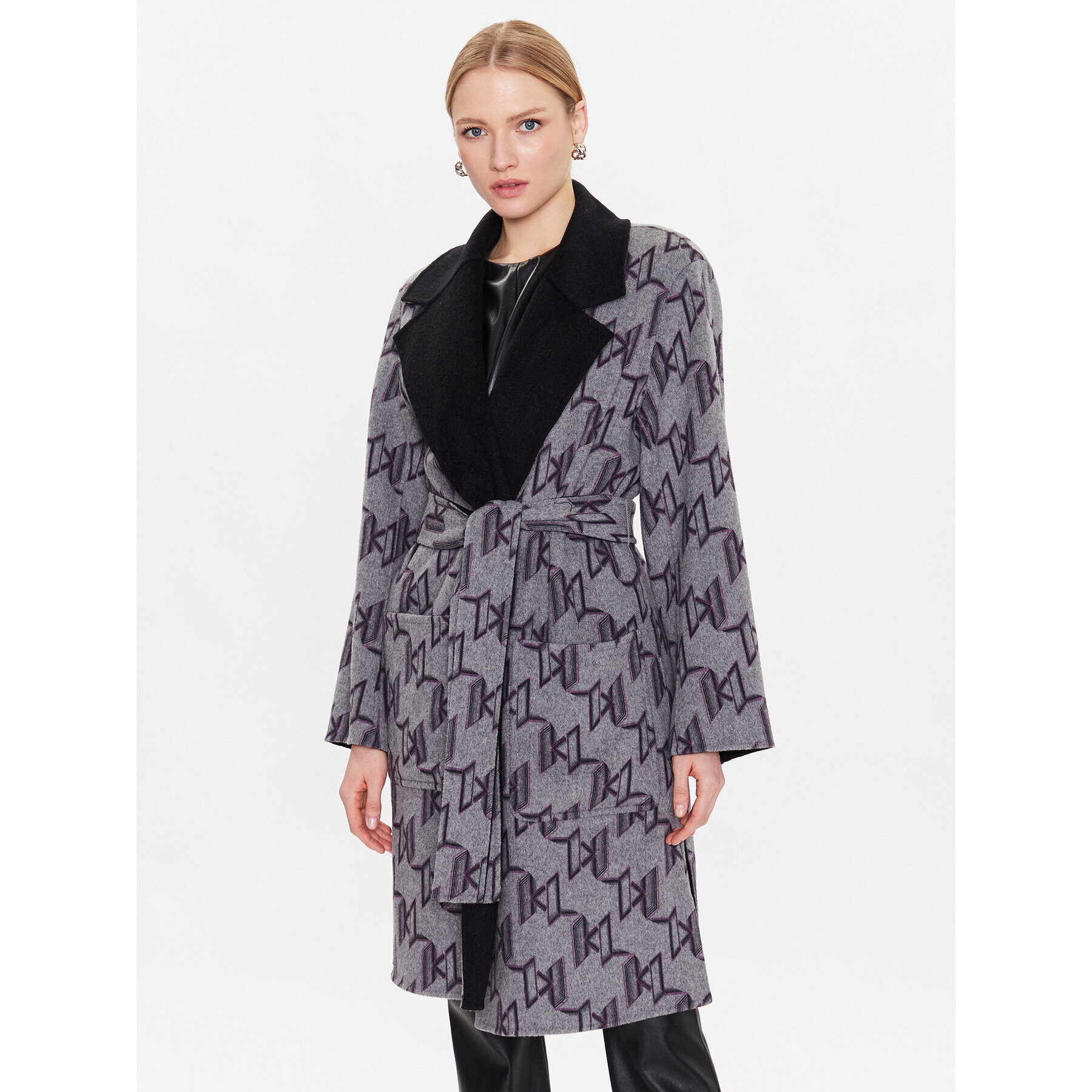 KARL LAGERFELD Вълнено палто Monogram 226W1500 Черен Regular Fit - Pepit.bg