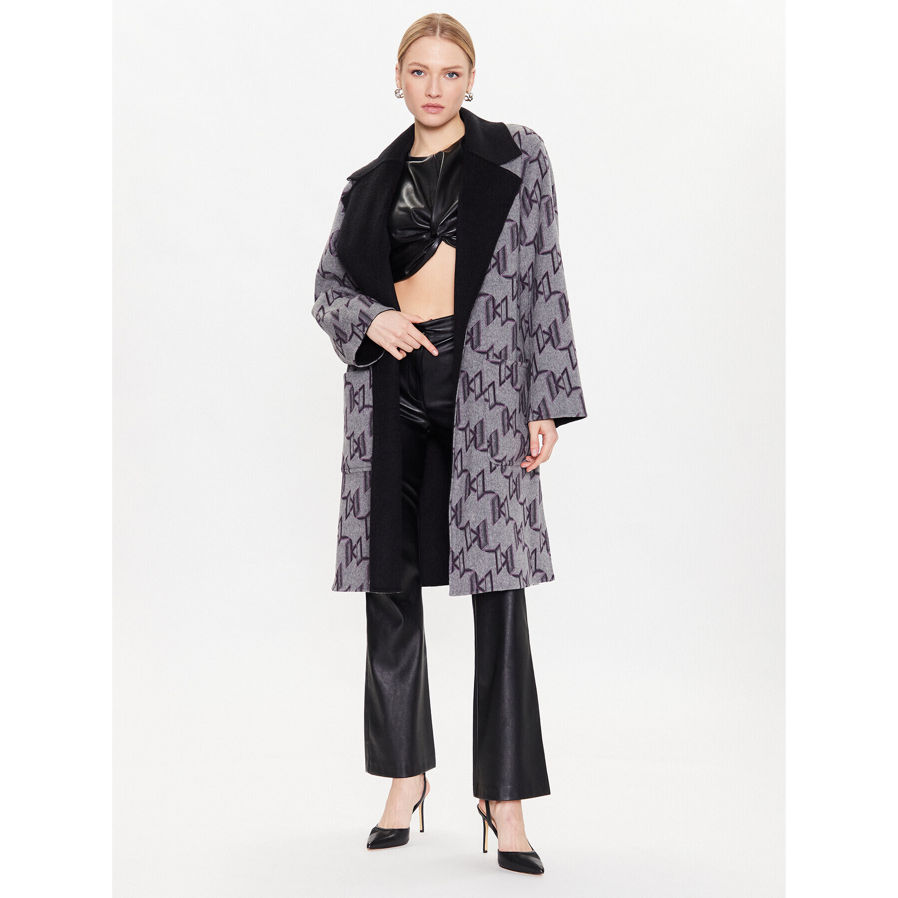 KARL LAGERFELD Вълнено палто Monogram 226W1500 Черен Regular Fit - Pepit.bg