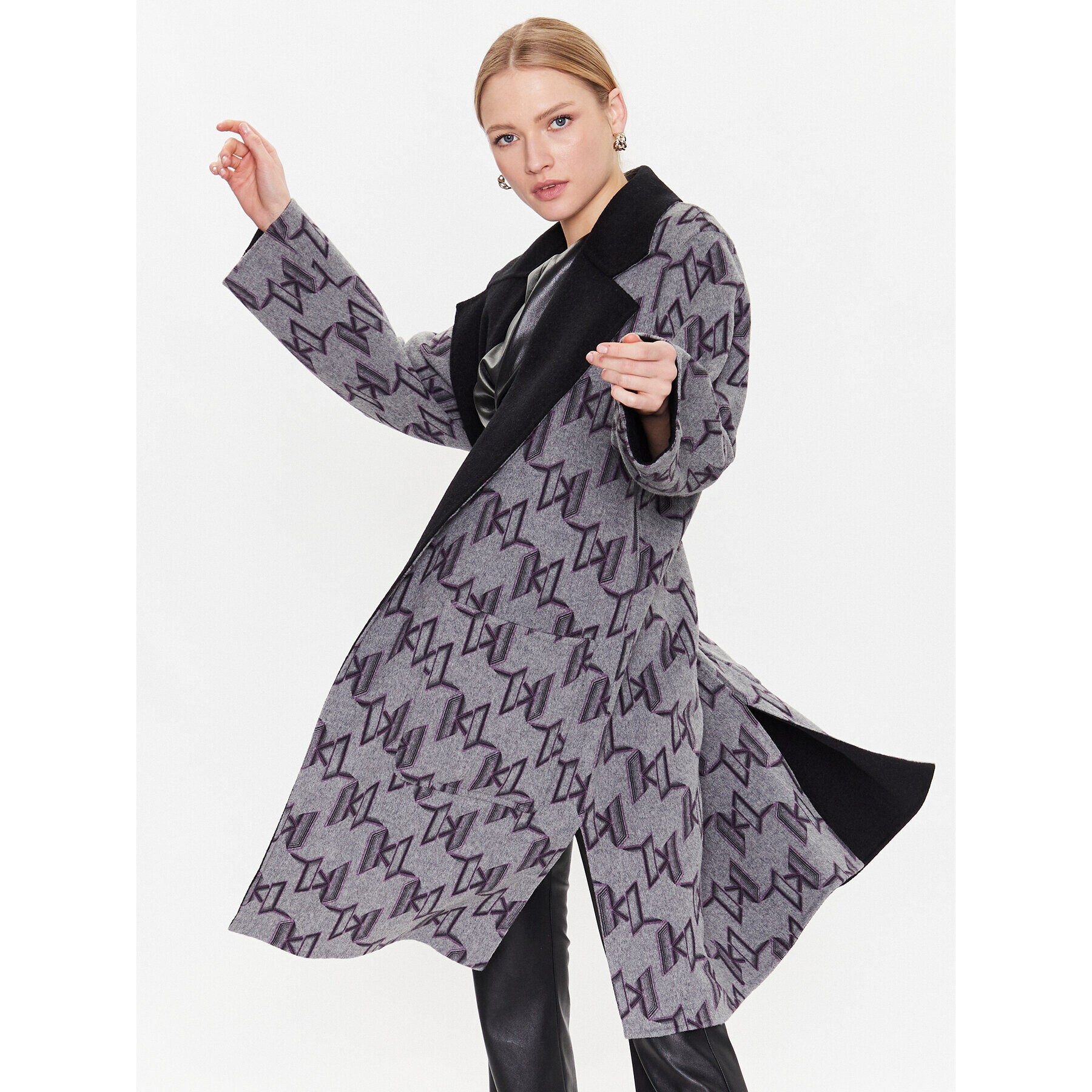 KARL LAGERFELD Вълнено палто Monogram 226W1500 Черен Regular Fit - Pepit.bg