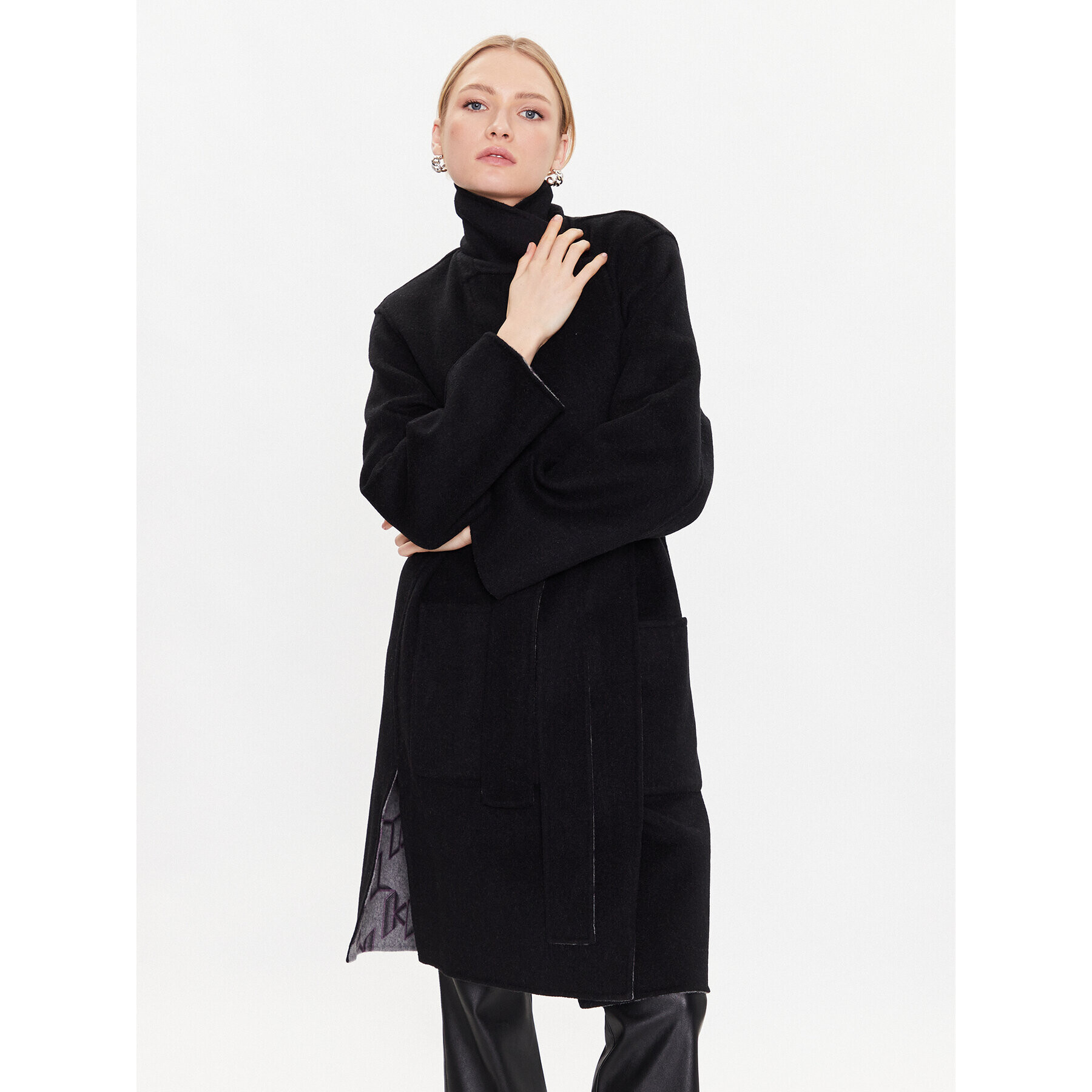 KARL LAGERFELD Вълнено палто Monogram 226W1500 Черен Regular Fit - Pepit.bg