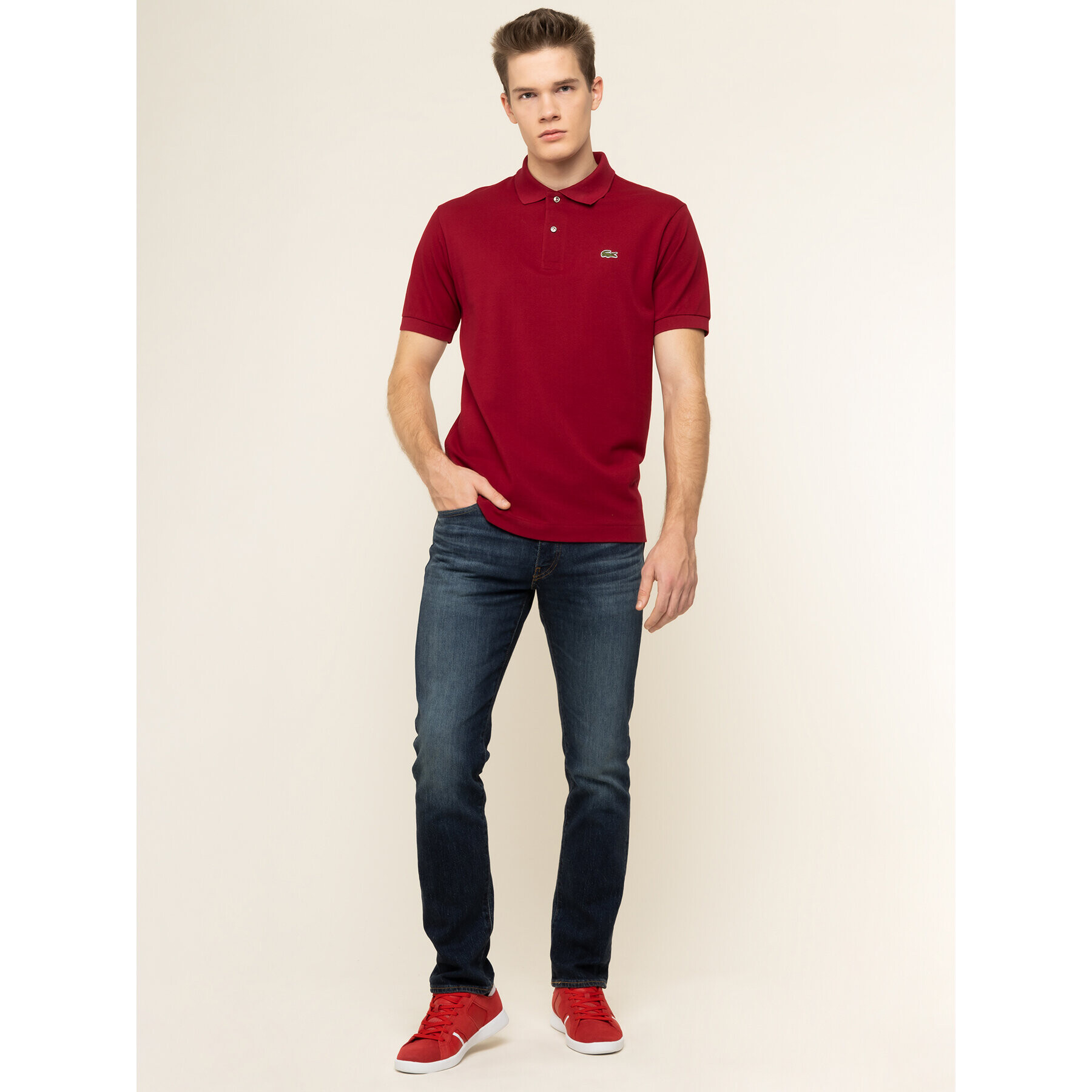 Lacoste Тениска с яка и копчета L1212 Бордо Classic Fit - Pepit.bg