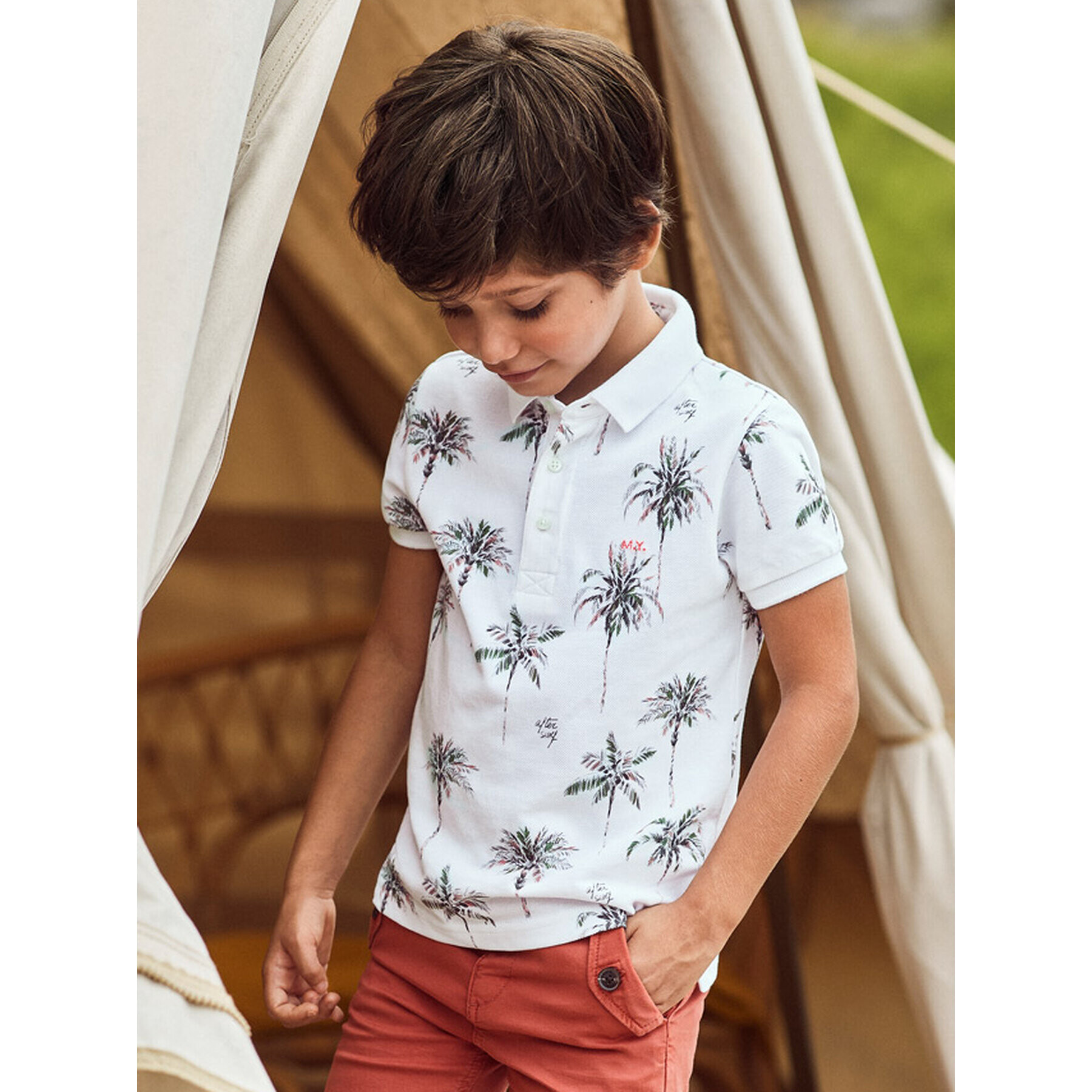 Mayoral Тениска с яка и копчета 3102 Бял Regular Fit - Pepit.bg
