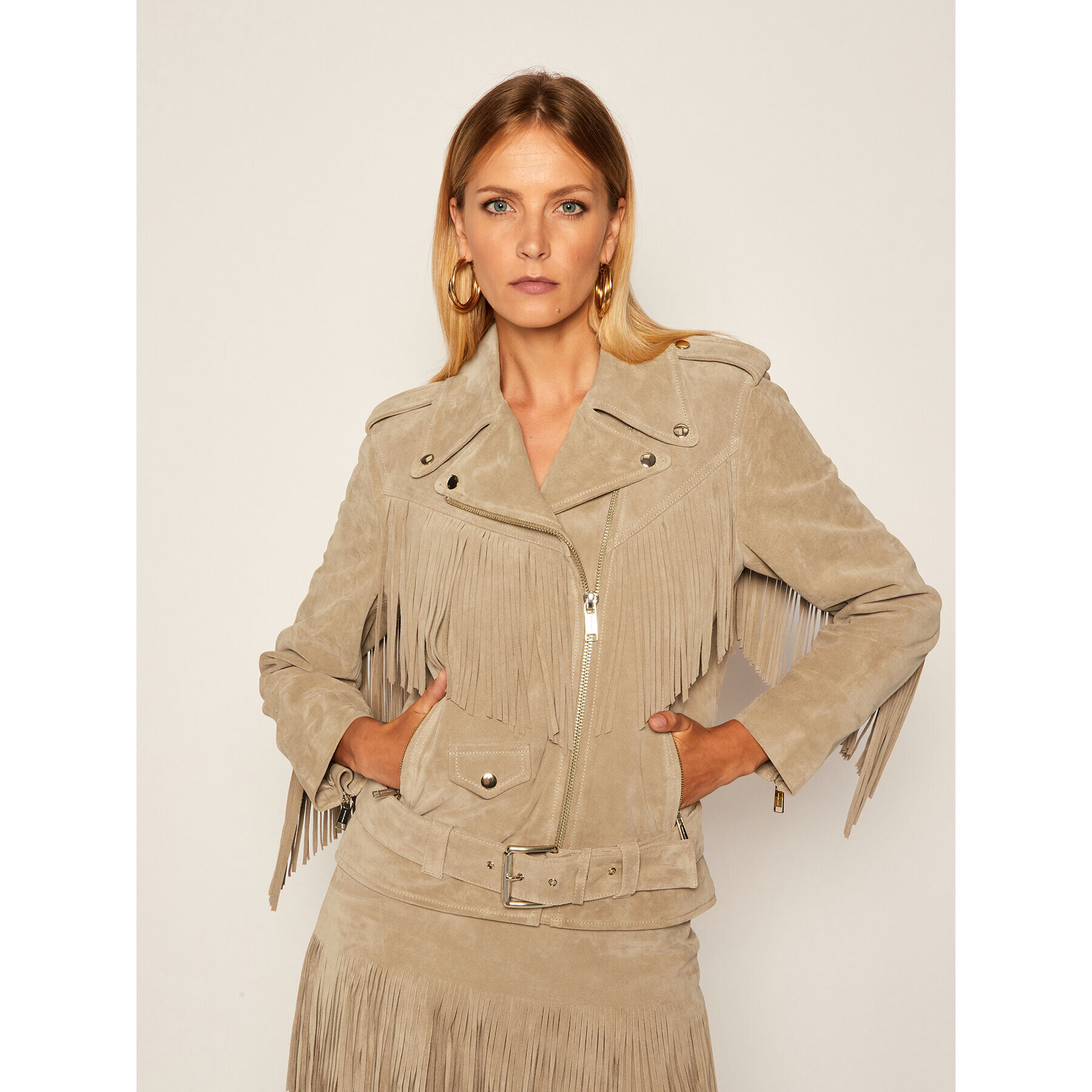 MICHAEL Michael Kors Кожено яке Fringed Moto MU02J54061 Бежов Slim Fit - Pepit.bg