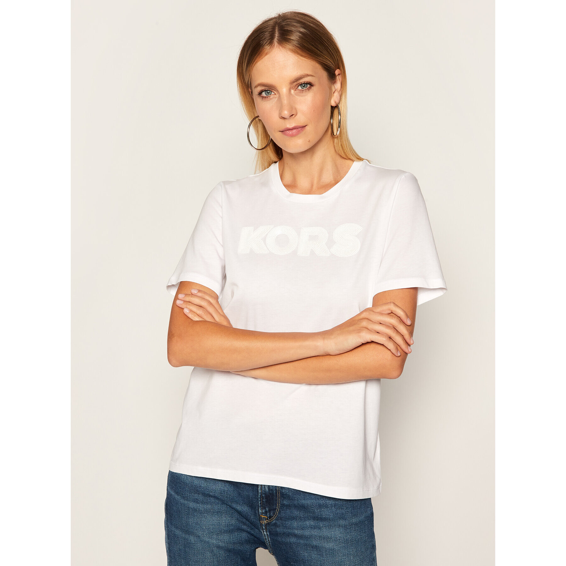 MICHAEL Michael Kors Тишърт Sequin-Logo MH95MB897J Бял Regular Fit - Pepit.bg