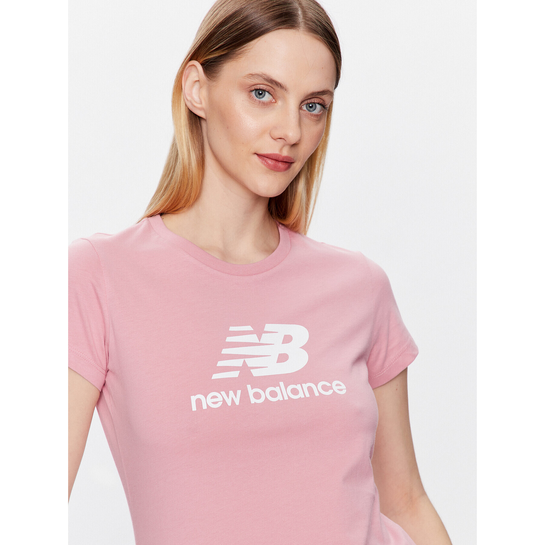 New Balance Тишърт Essentials Stacked Logo WT31546 Розов Athletic Fit - Pepit.bg