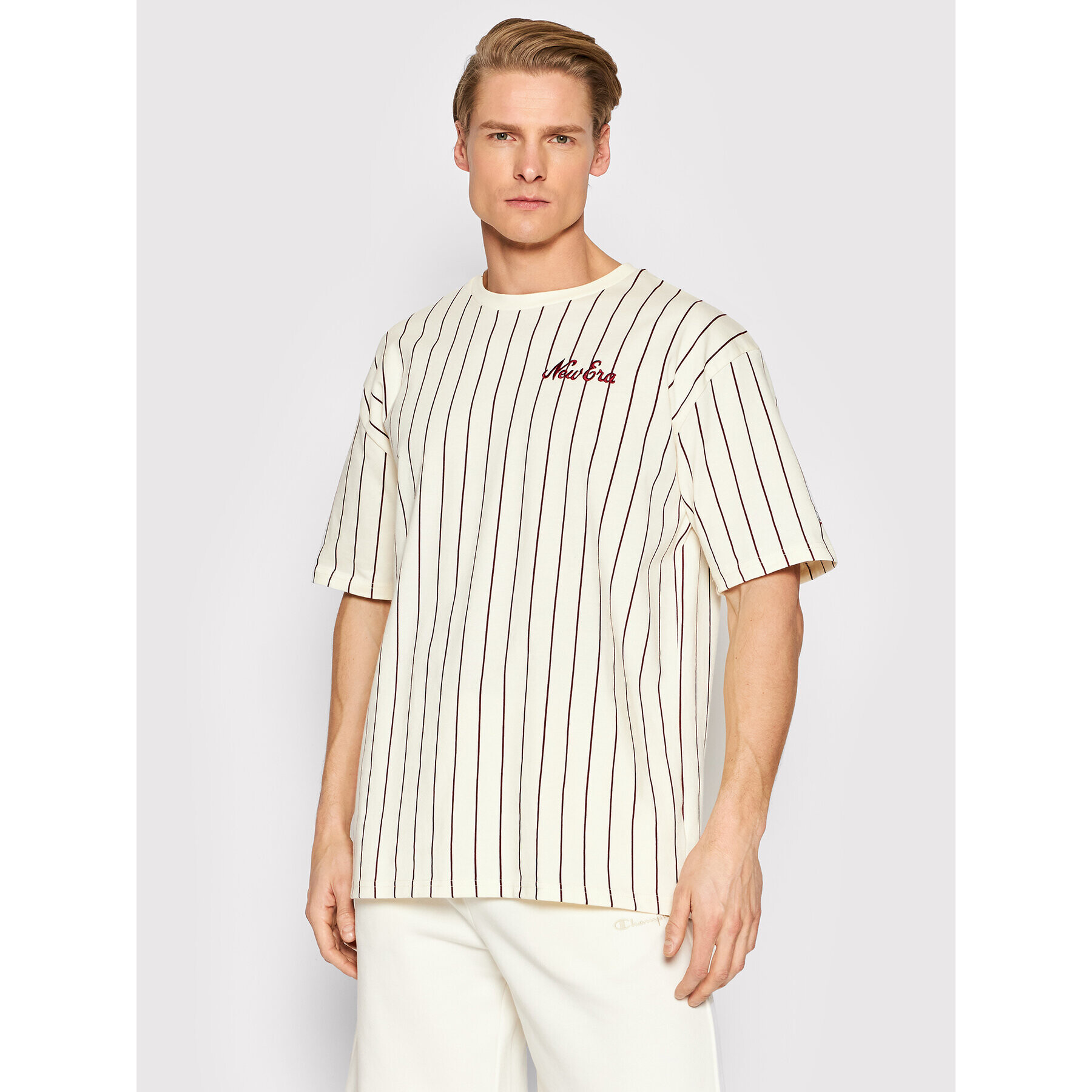 New Era Тишърт Pinstripe 12893046 Бежов Oversize - Pepit.bg