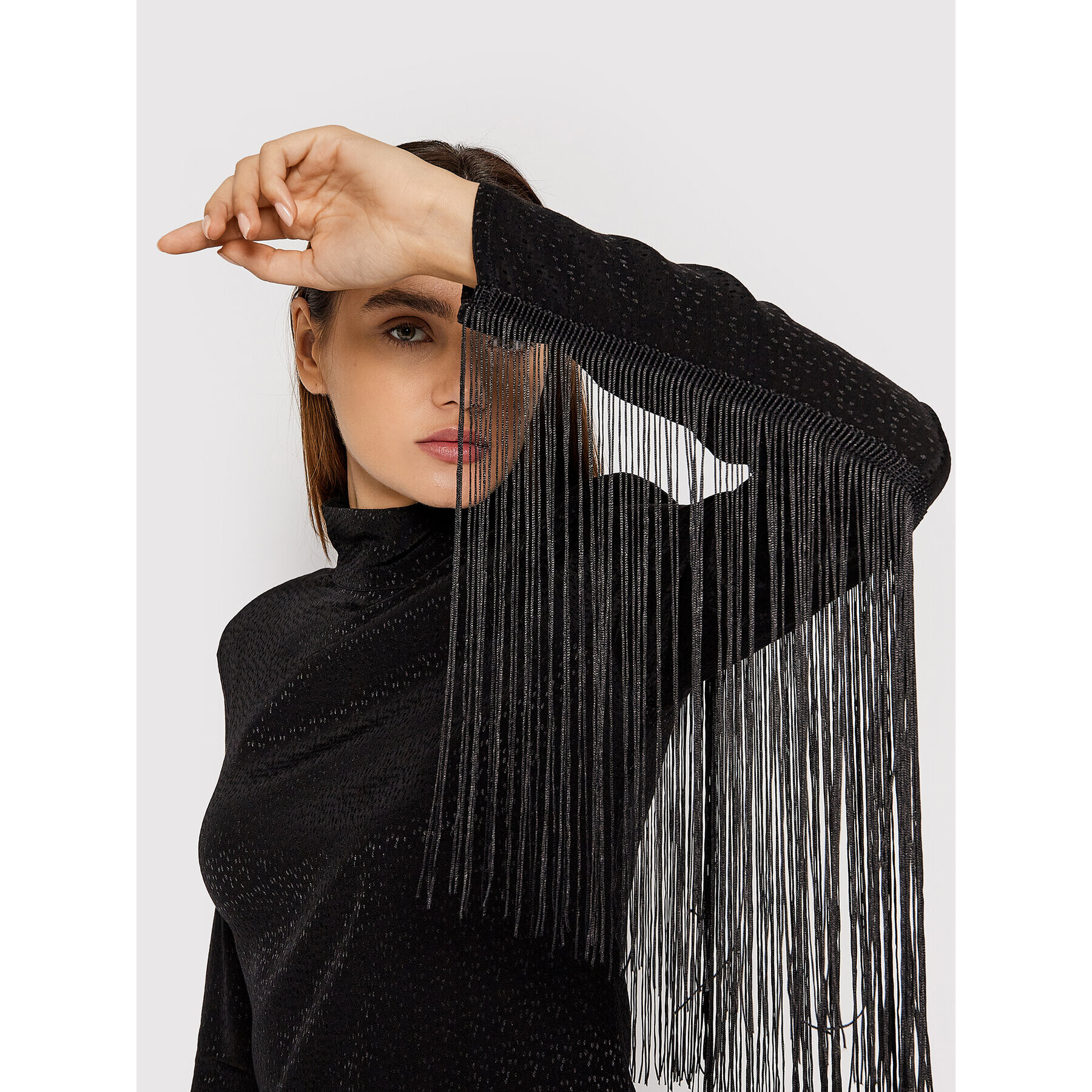 ROTATE Ежедневна рокля Reba Fringe RT1029 Черен Loose Fit - Pepit.bg