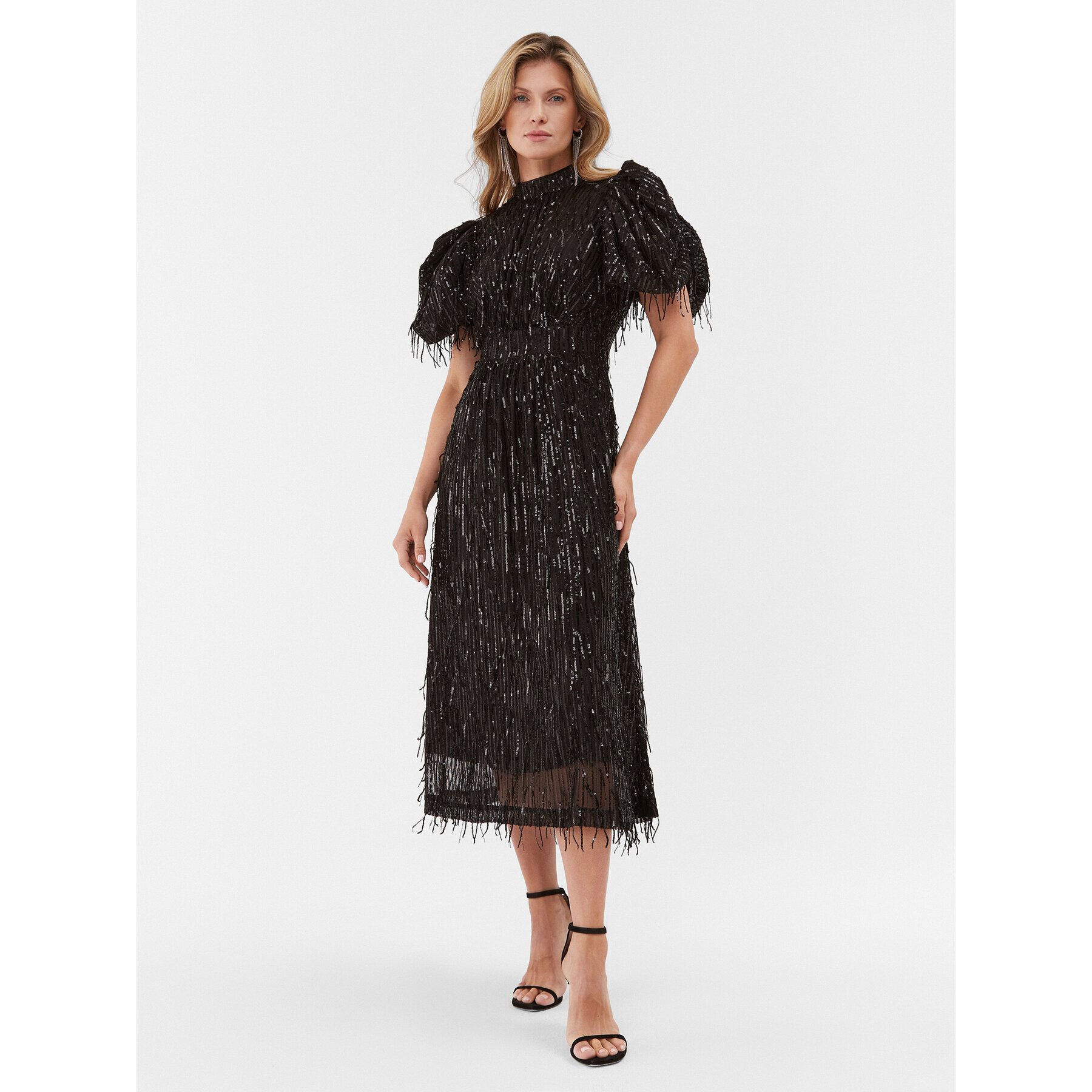 ROTATE Коктейлна рокля Sequin Midi Puff 111627100 Черен Regular Fit - Pepit.bg