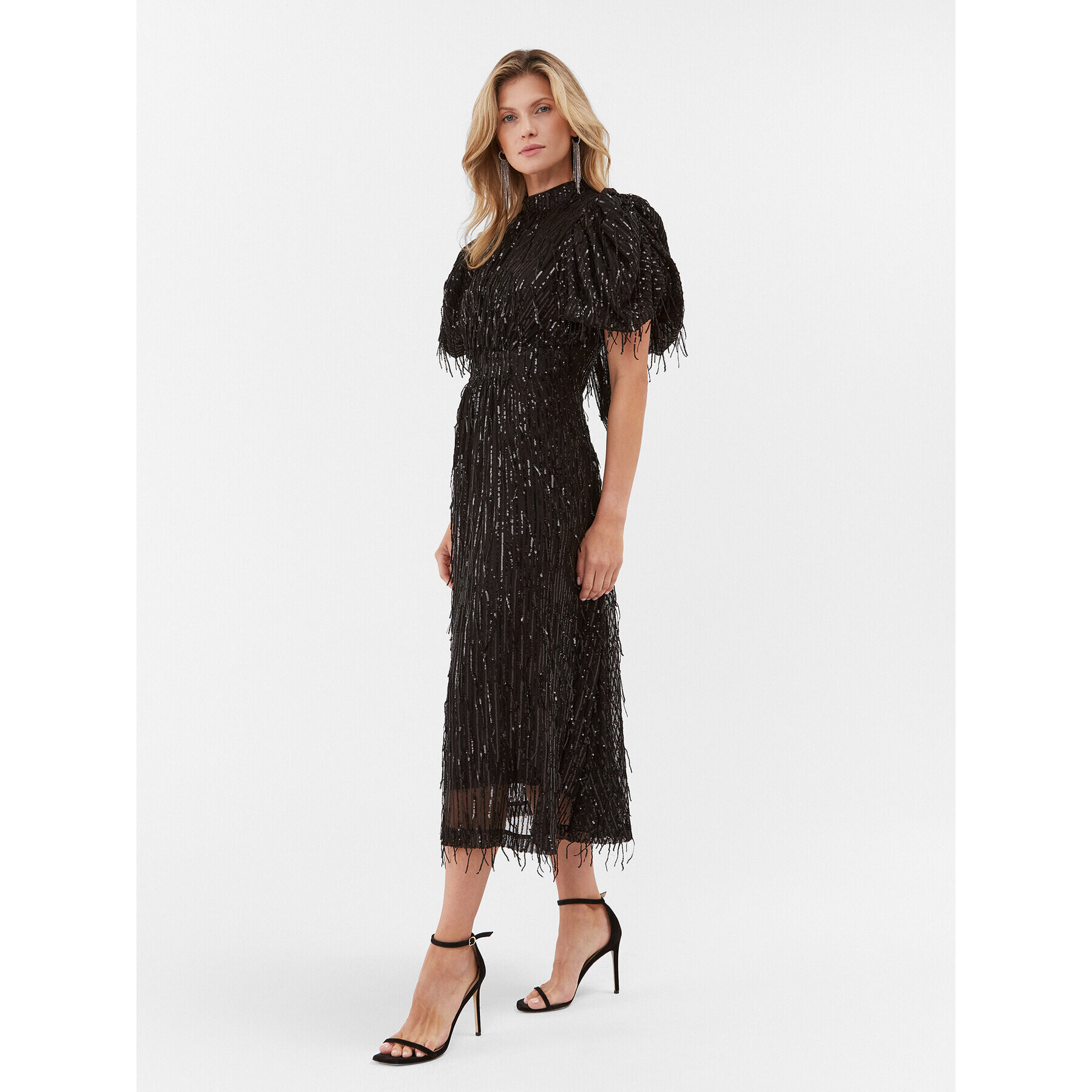ROTATE Коктейлна рокля Sequin Midi Puff 111627100 Черен Regular Fit - Pepit.bg