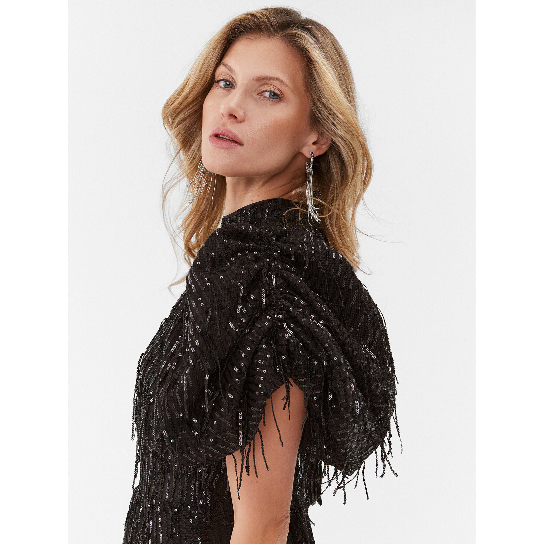 ROTATE Коктейлна рокля Sequin Midi Puff 111627100 Черен Regular Fit - Pepit.bg