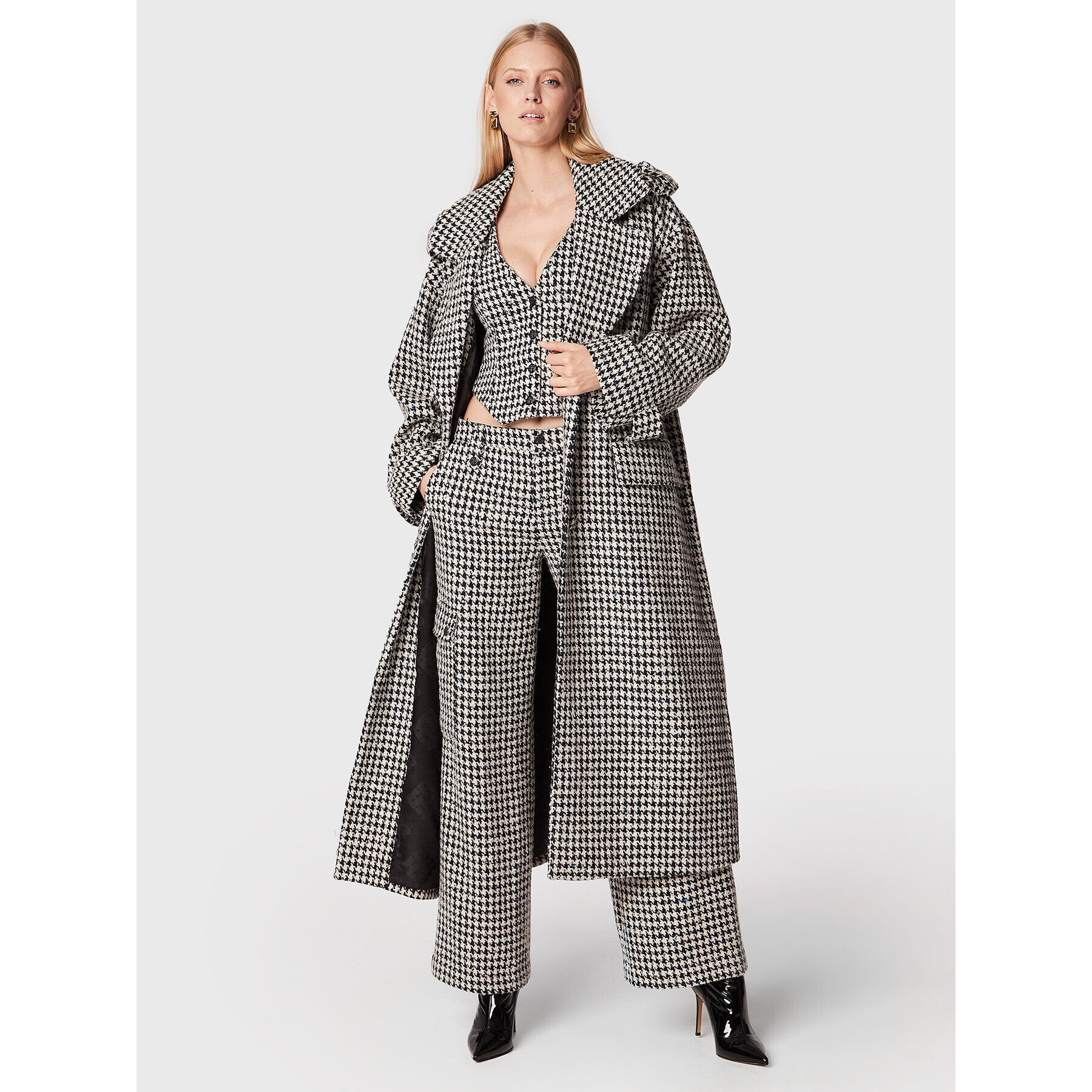 ROTATE Текстилни панталони Sparkly Houndstooth RT1901 Бял Relaxed Fit - Pepit.bg