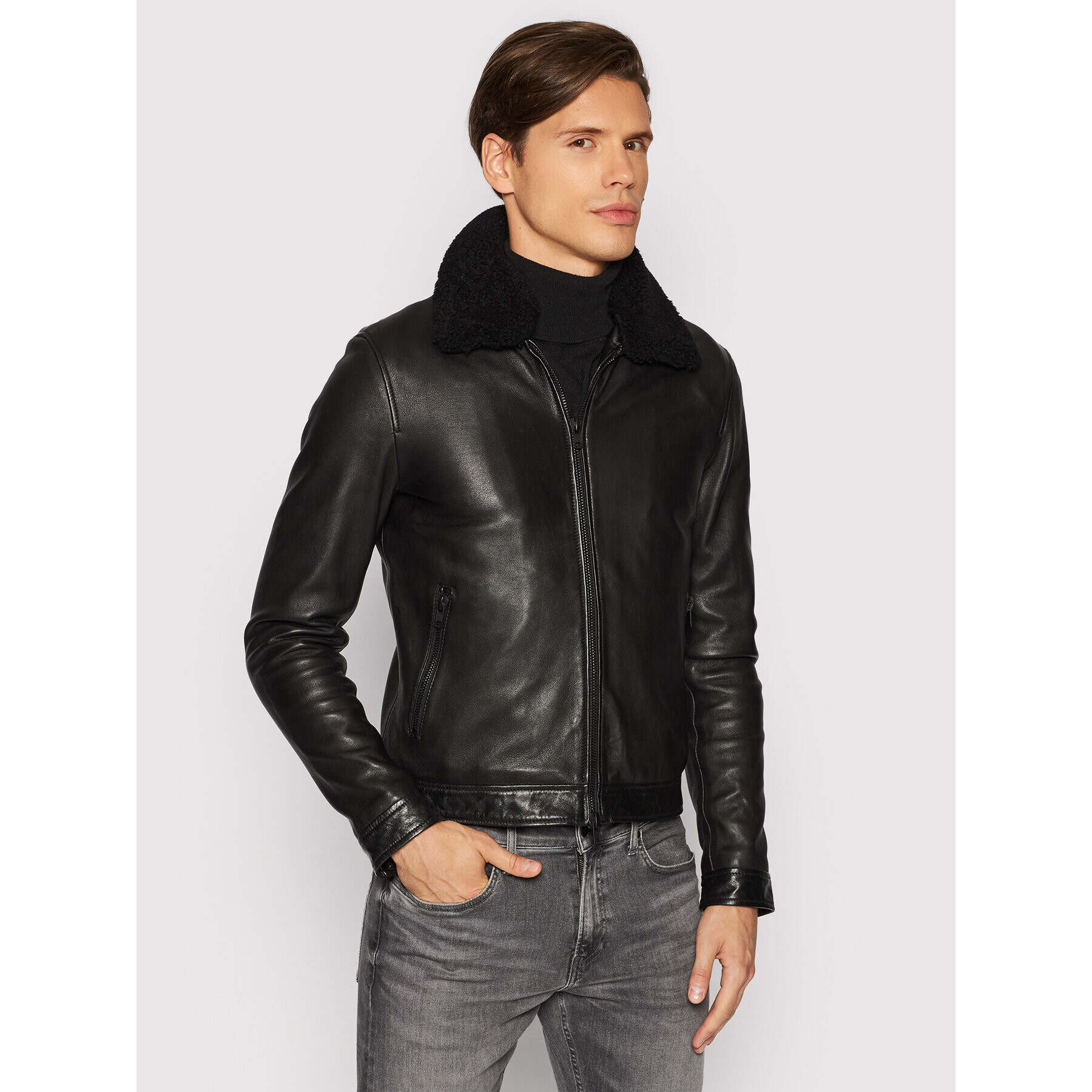 Serge Pariente Кожено яке Random Shearling Collar Черен Regular Fit - Pepit.bg