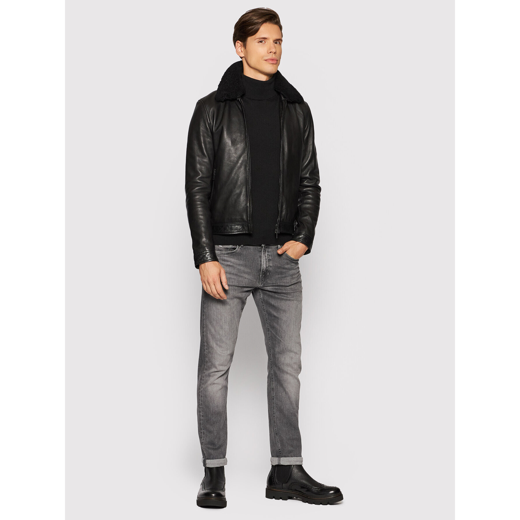 Serge Pariente Кожено яке Random Shearling Collar Черен Regular Fit - Pepit.bg