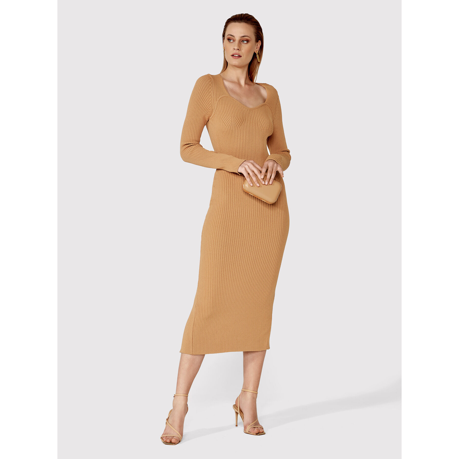 Simple Плетена рокля SUD022 Кафяв Slim Fit - Pepit.bg