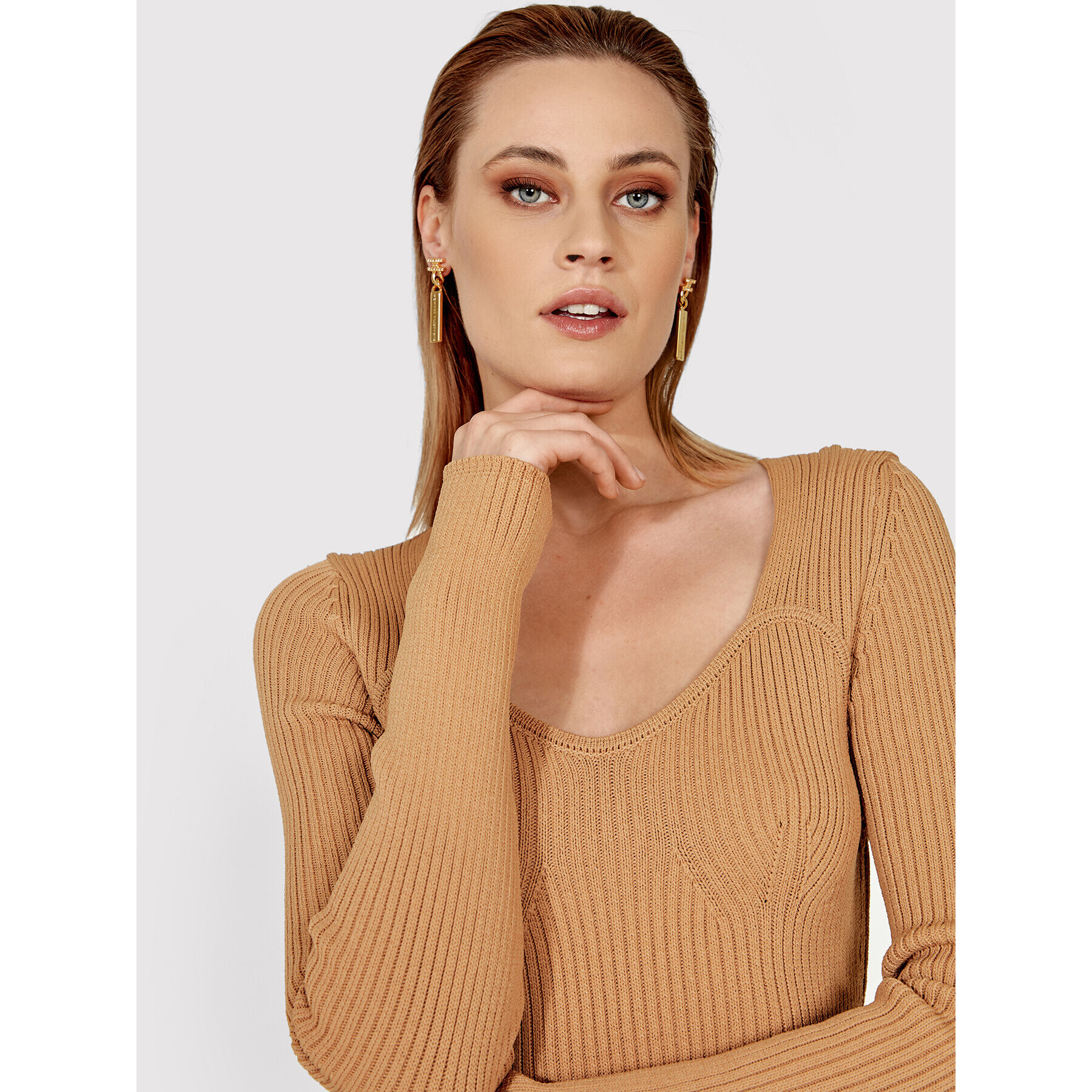 Simple Плетена рокля SUD022 Кафяв Slim Fit - Pepit.bg