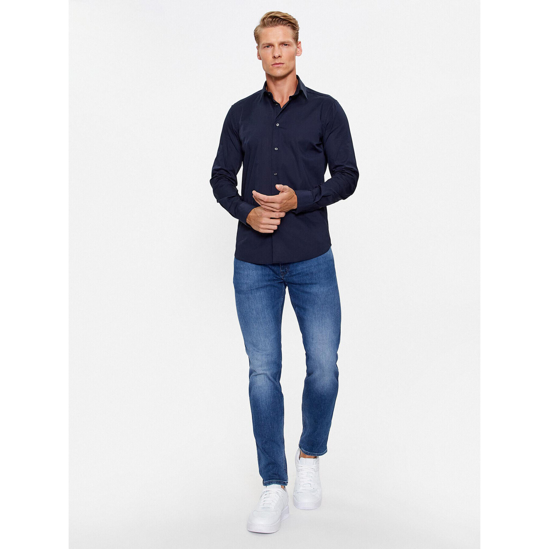 Sisley Риза 5CNX5QL19 Тъмносин Slim Fit - Pepit.bg