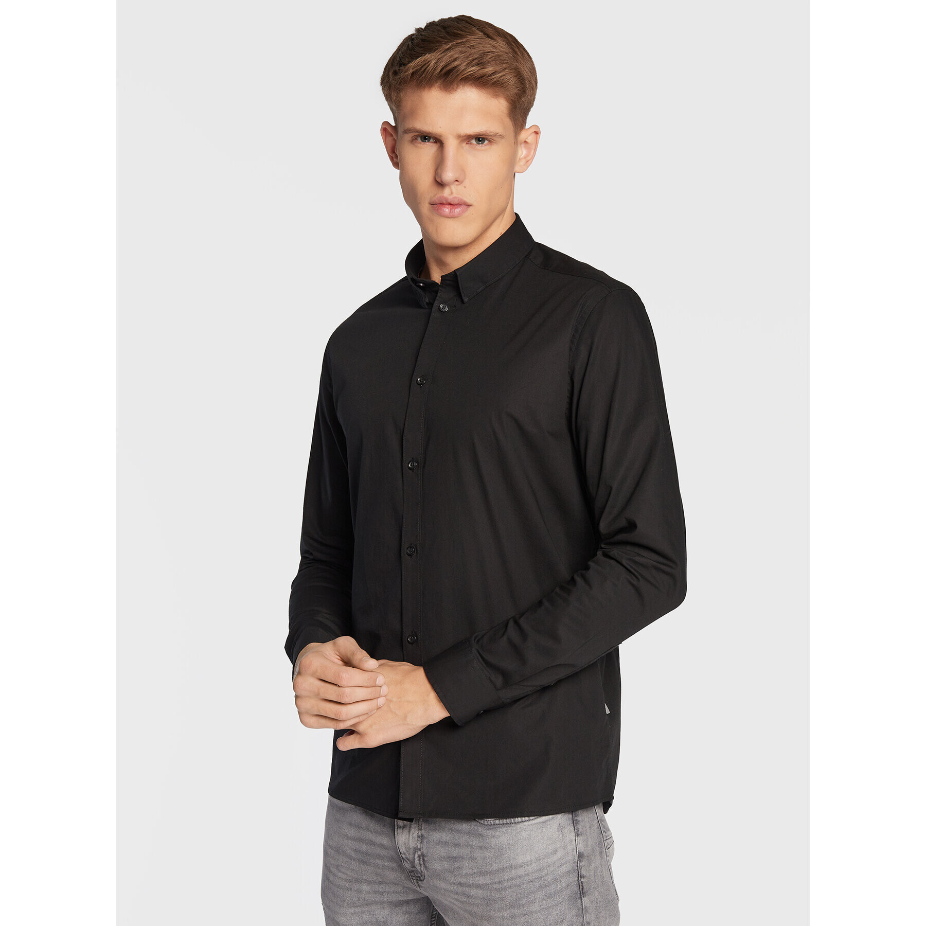 Solid Риза 21103247 Черен Slim Fit - Pepit.bg