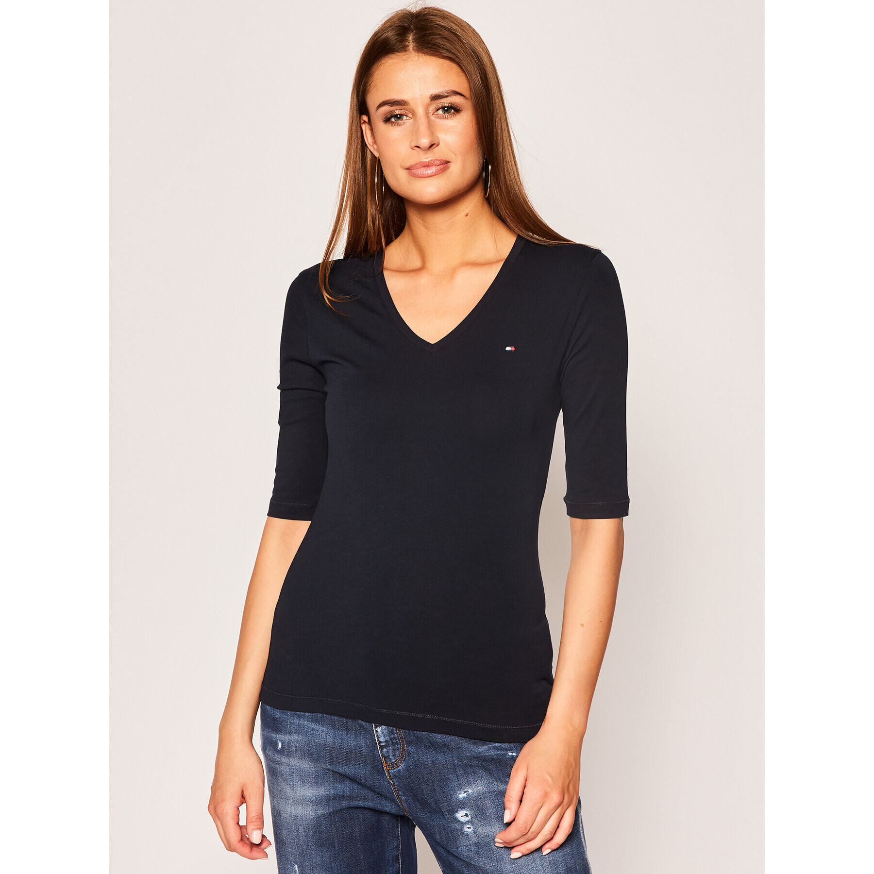 Tommy Hilfiger Блуза Th Ess Solid V-Nk Top ½ Slv WW0WW27963 Тъмносин Regular Fit - Pepit.bg