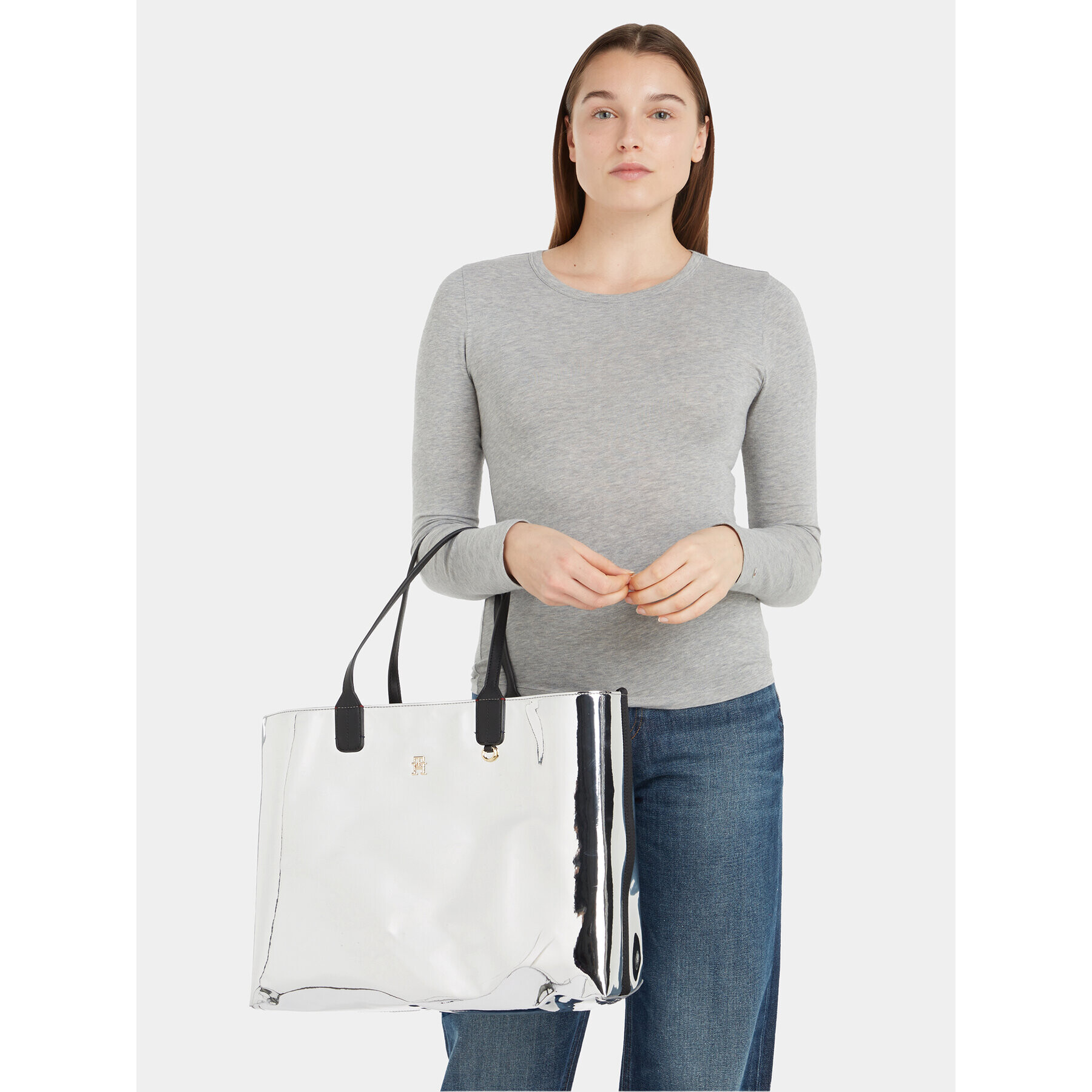 Tommy Hilfiger Дамска чанта Iconic Tommy Tote Metal AW0AW15202 Сив - Pepit.bg