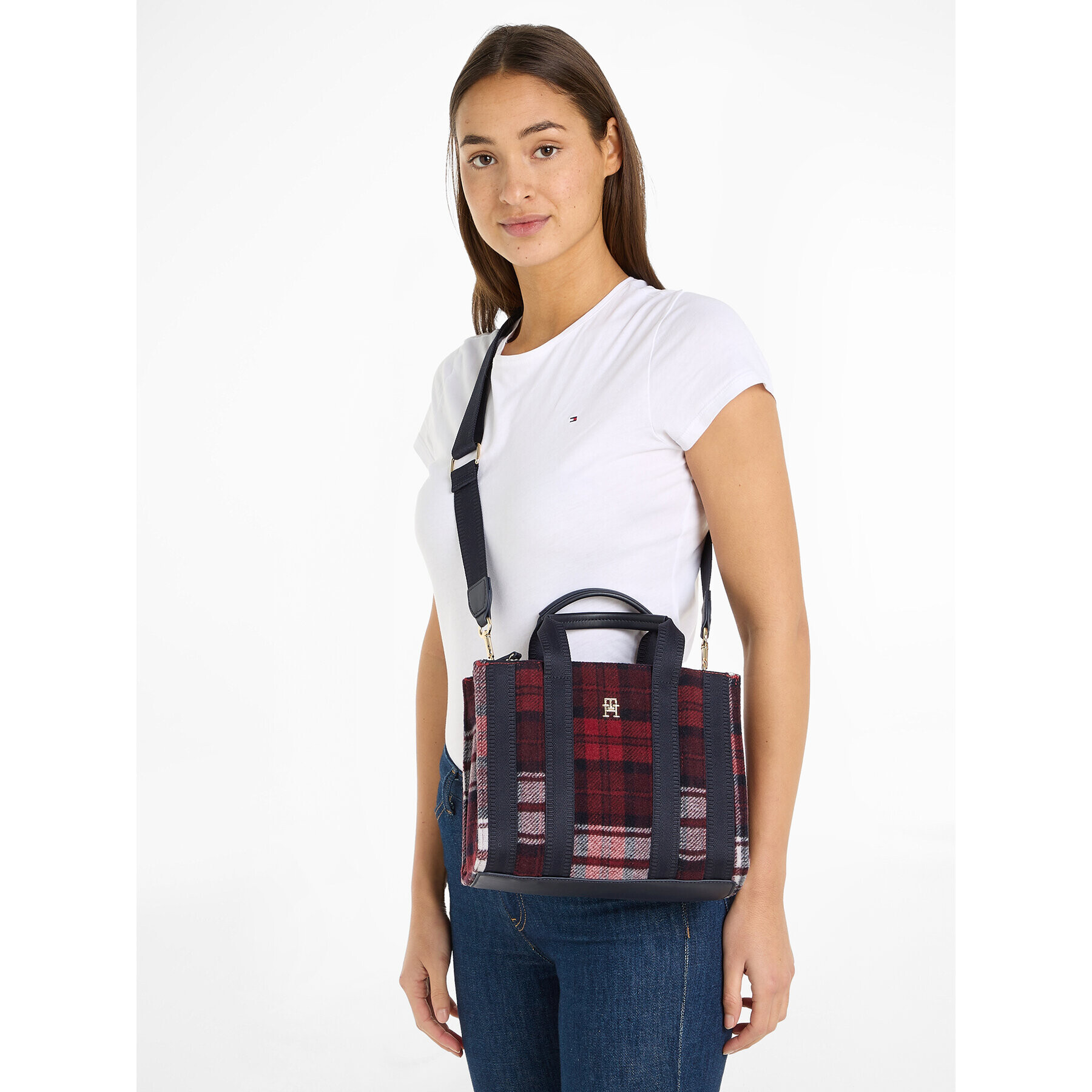 Tommy Hilfiger Дамска чанта Th Identity Small Tote Check AW0AW15884 Тъмносин - Pepit.bg