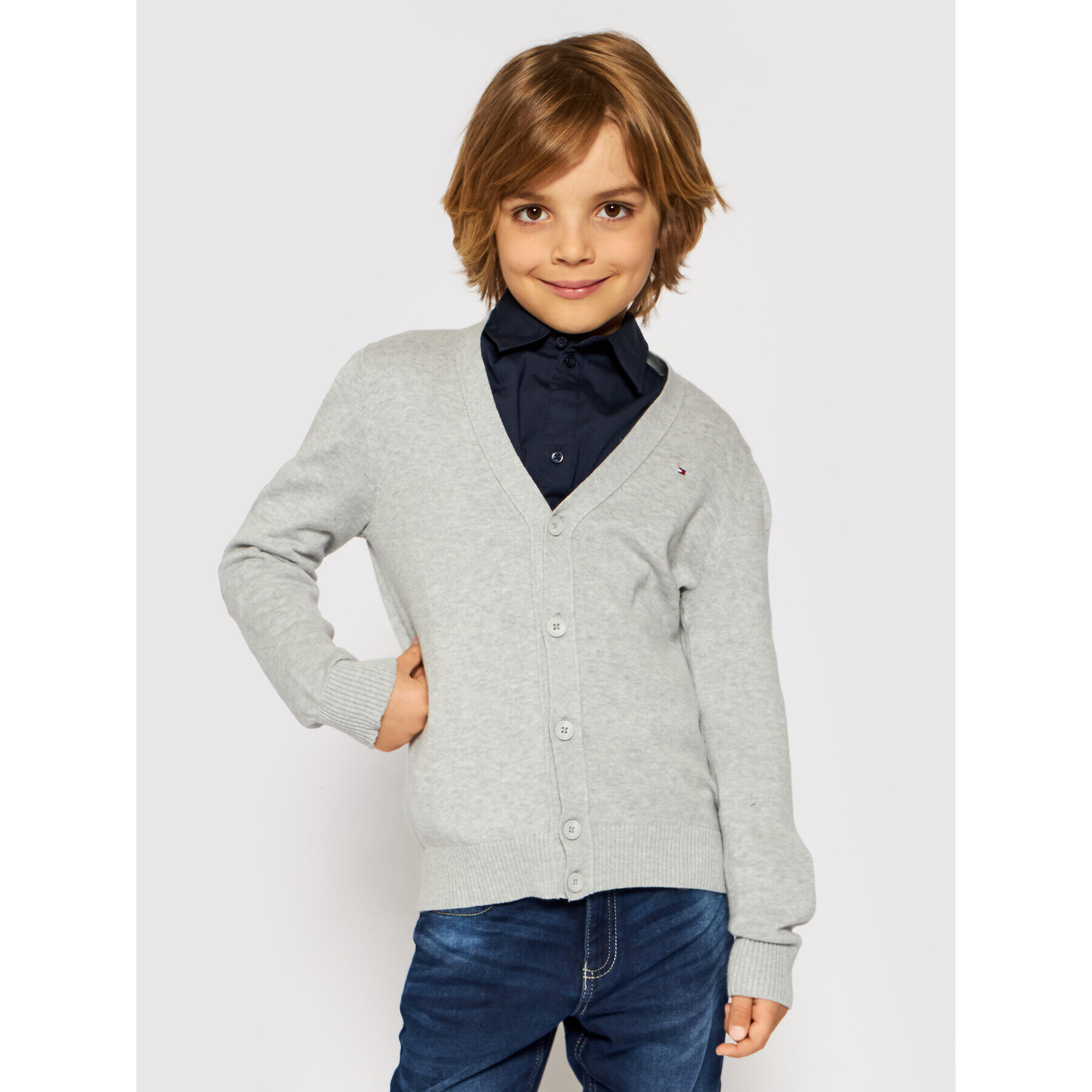 Tommy Hilfiger Кардиган Basic V-Neck KB0KB03979 D Сив Regular Fit - Pepit.bg