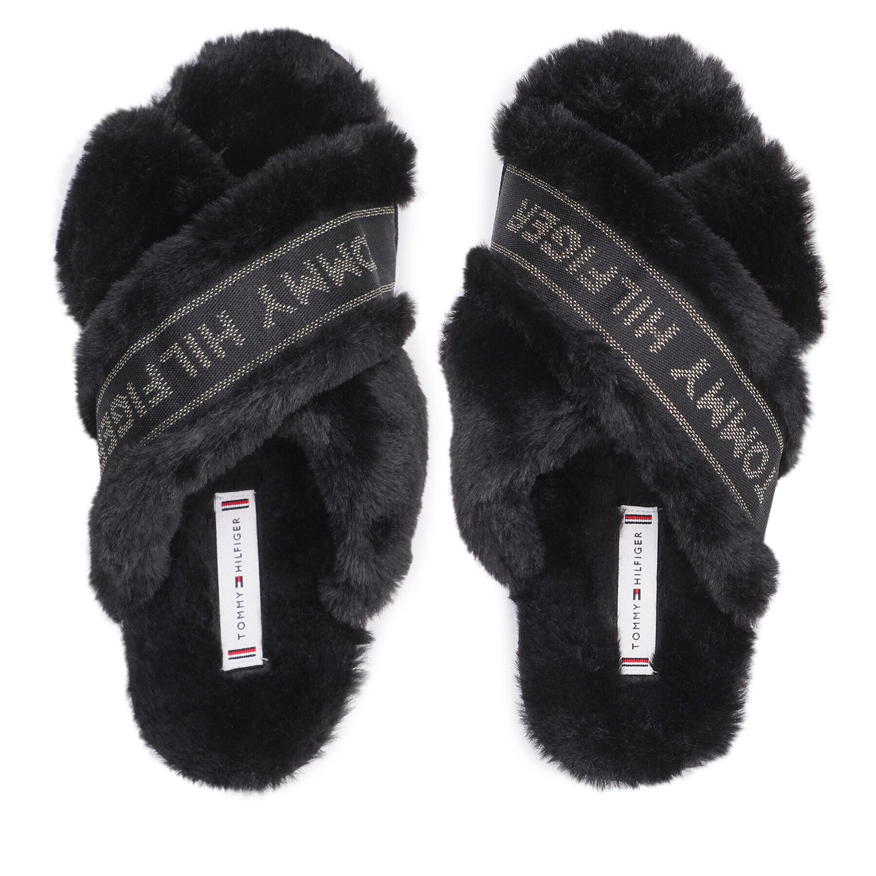 Tommy Hilfiger Пантофи Shiny Webbing Furry Slipper FW0FW06092 Черен - Pepit.bg