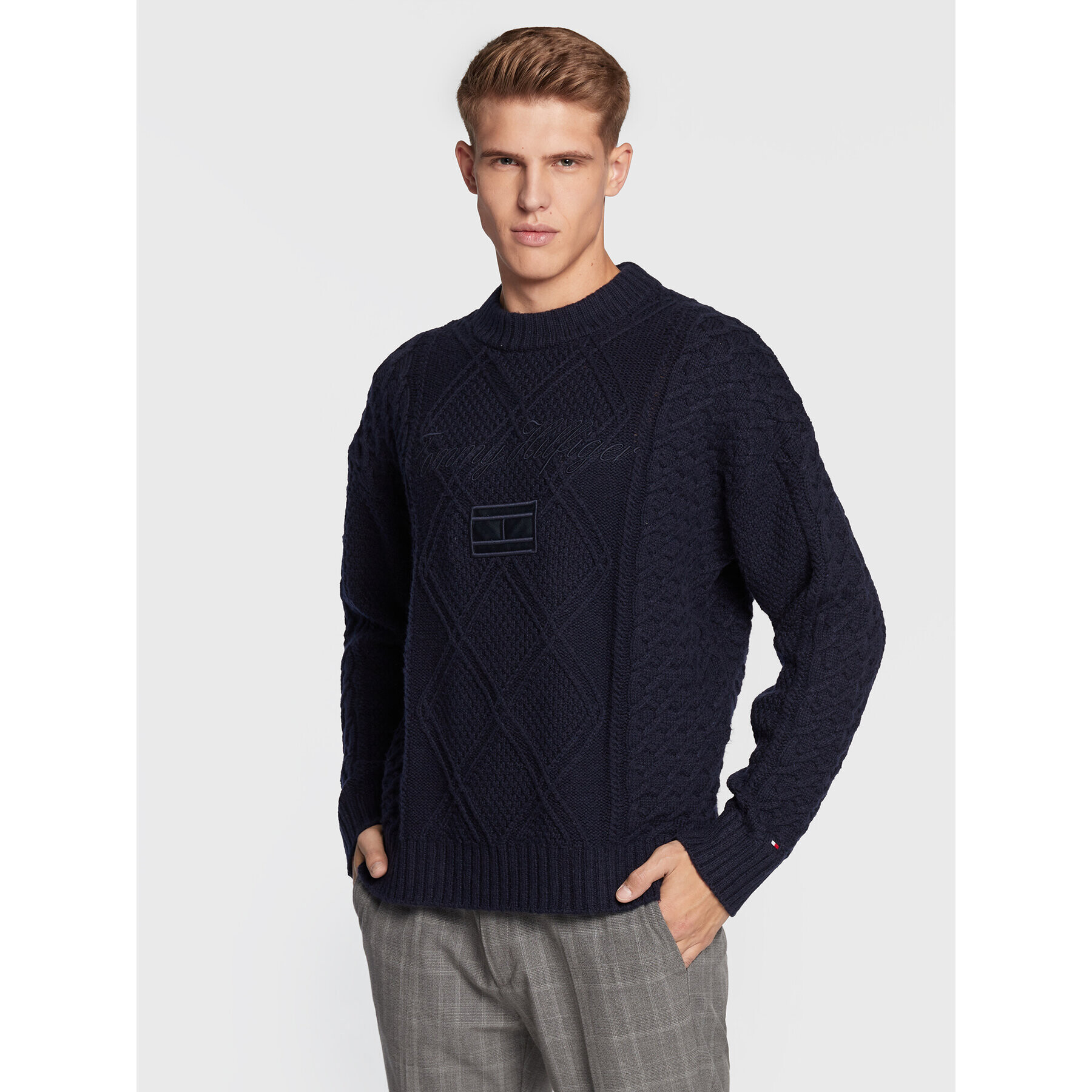 Tommy Hilfiger Пуловер Aran Structure Cable MW0MW28042 Тъмносин Relaxed Fit - Pepit.bg