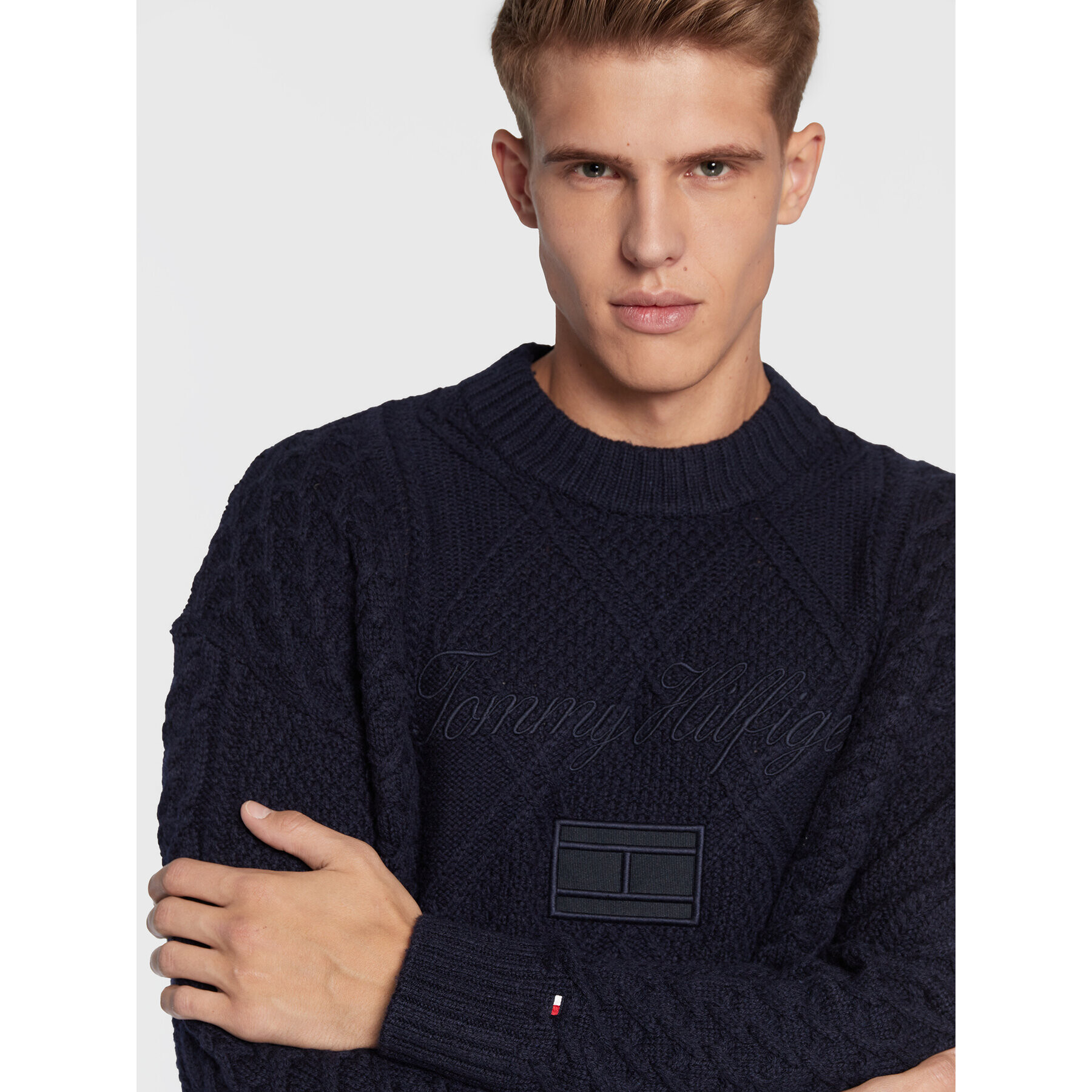 Tommy Hilfiger Пуловер Aran Structure Cable MW0MW28042 Тъмносин Relaxed Fit - Pepit.bg