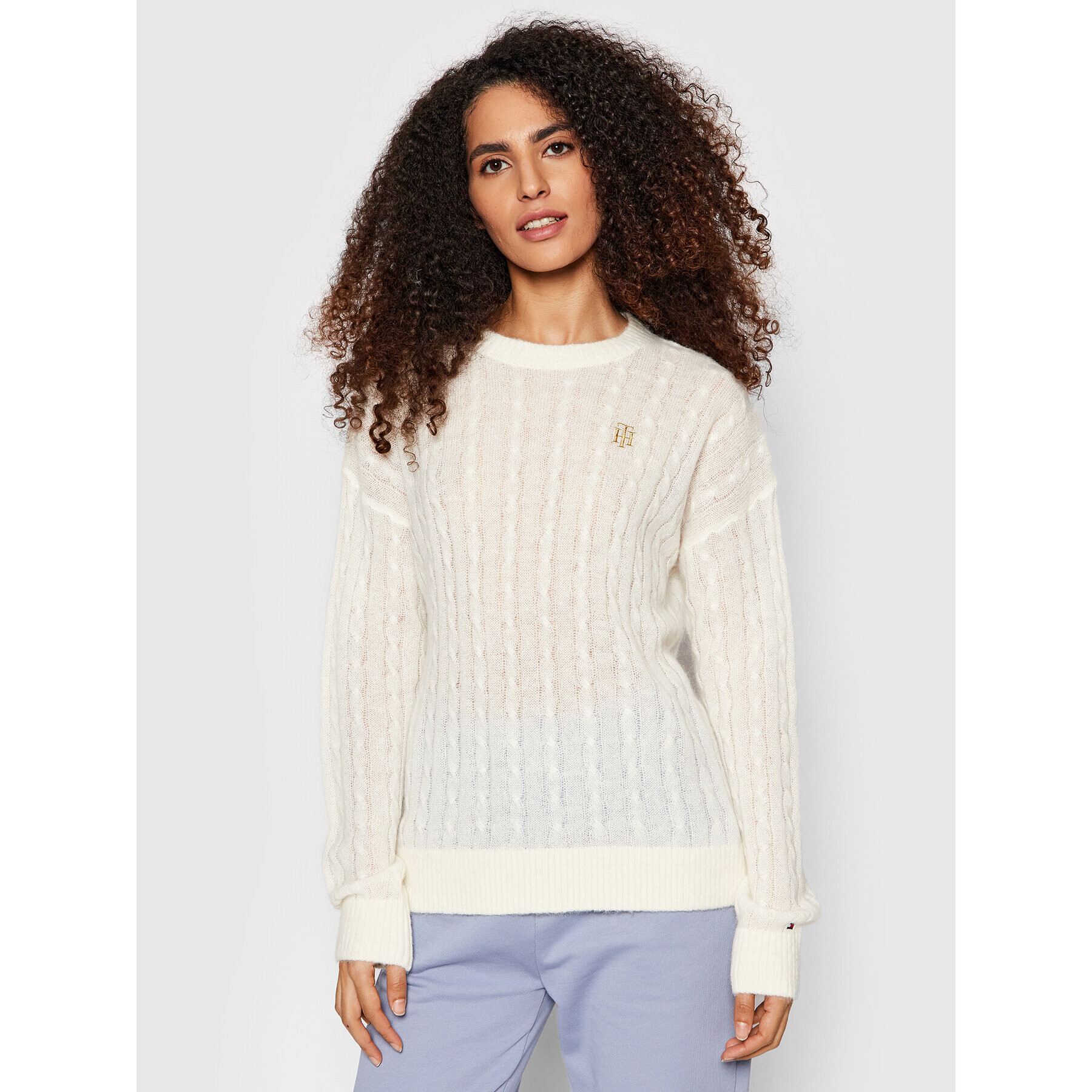 Tommy Hilfiger Пуловер Cable WW0WW32293 Бял Relaxed Fit - Pepit.bg