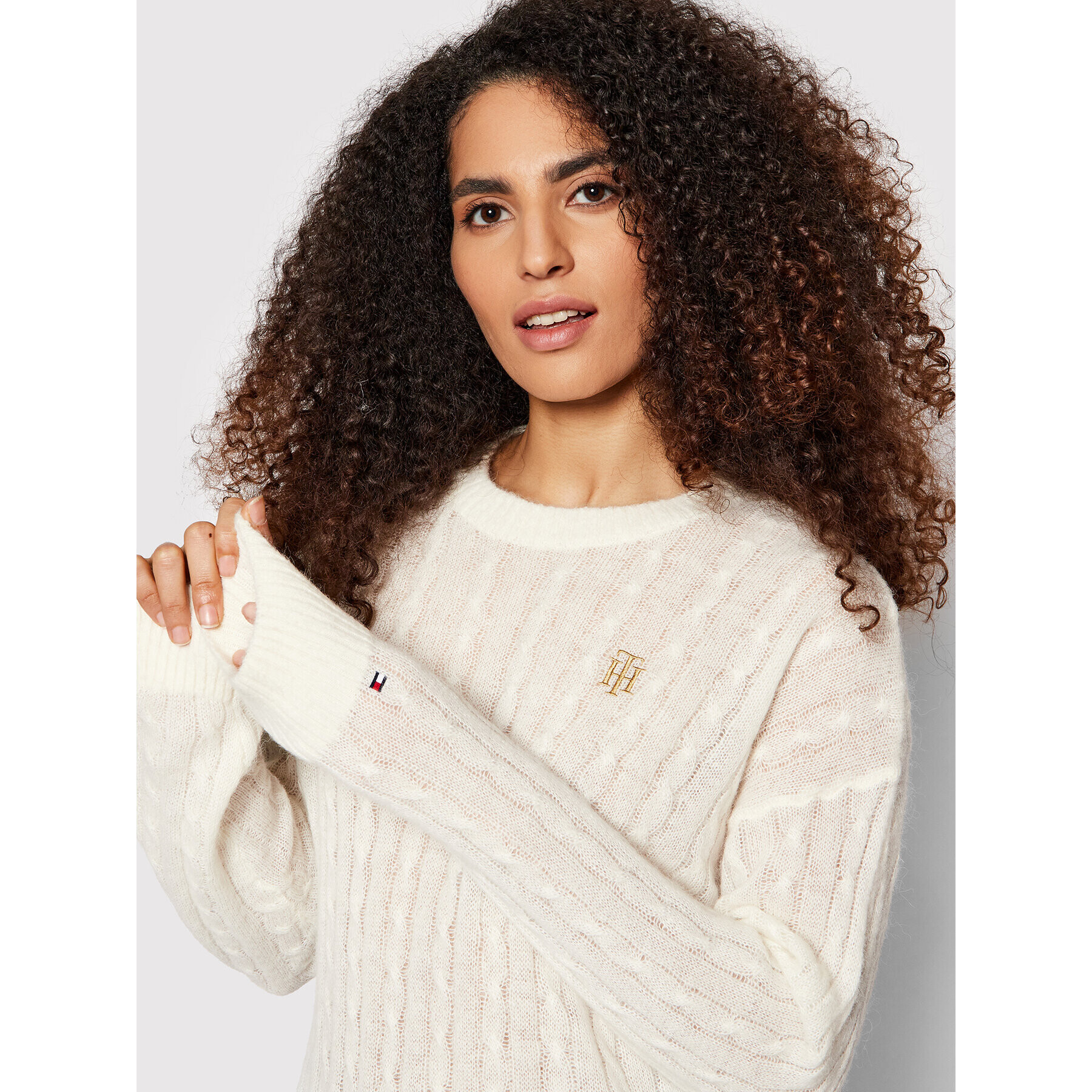 Tommy Hilfiger Пуловер Cable WW0WW32293 Бял Relaxed Fit - Pepit.bg