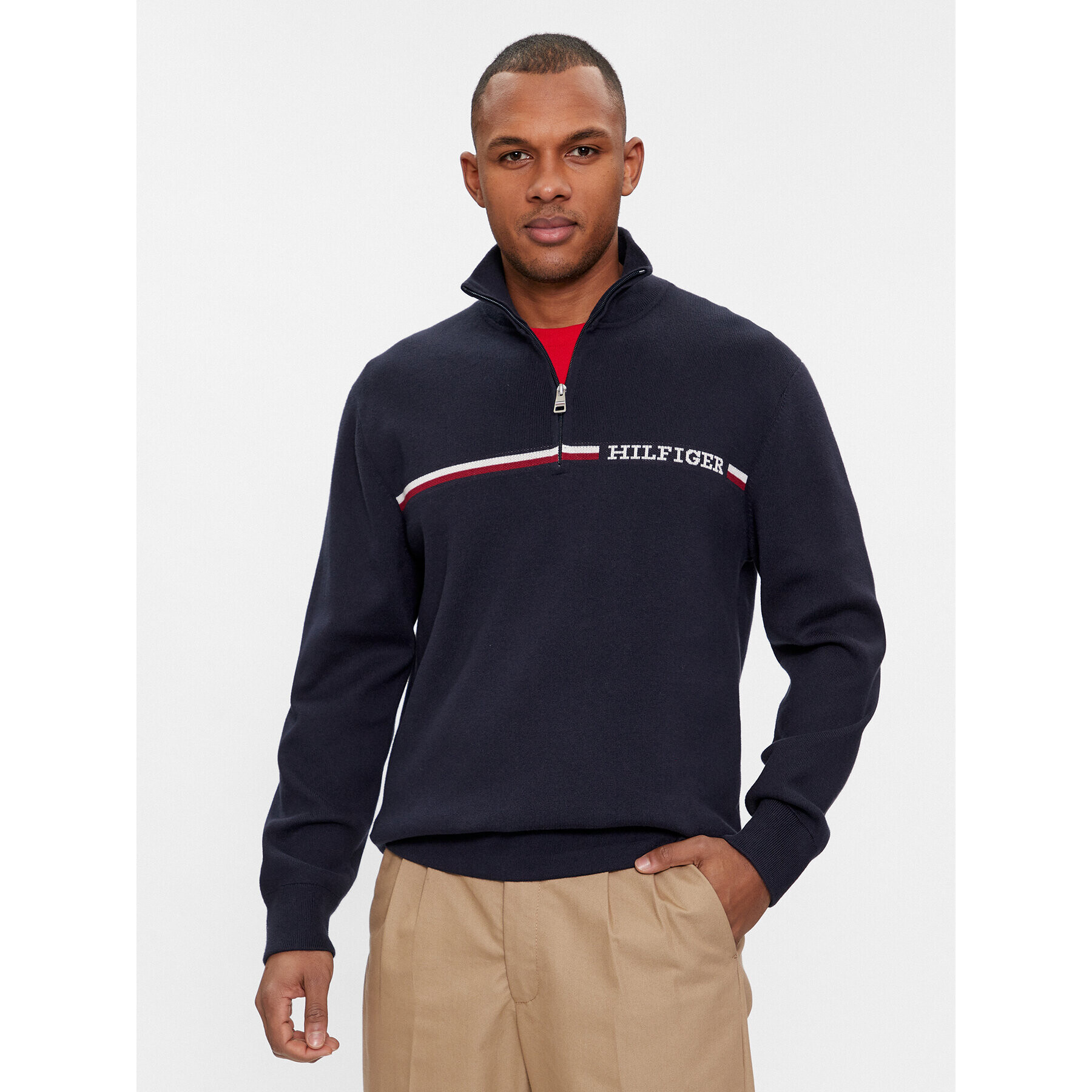 Tommy Hilfiger Пуловер Global Stripe Zip Mock MW0MW33508 Син Regular Fit - Pepit.bg