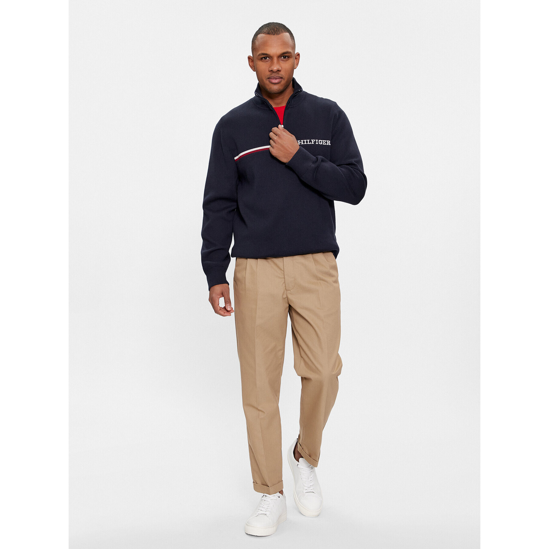 Tommy Hilfiger Пуловер Global Stripe Zip Mock MW0MW33508 Син Regular Fit - Pepit.bg