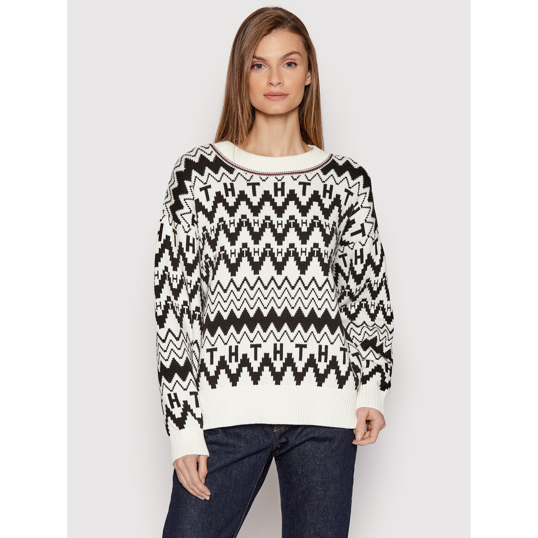 Tommy Hilfiger Пуловер Icons Fair Isle WW0WW31437 Бял Oversize - Pepit.bg