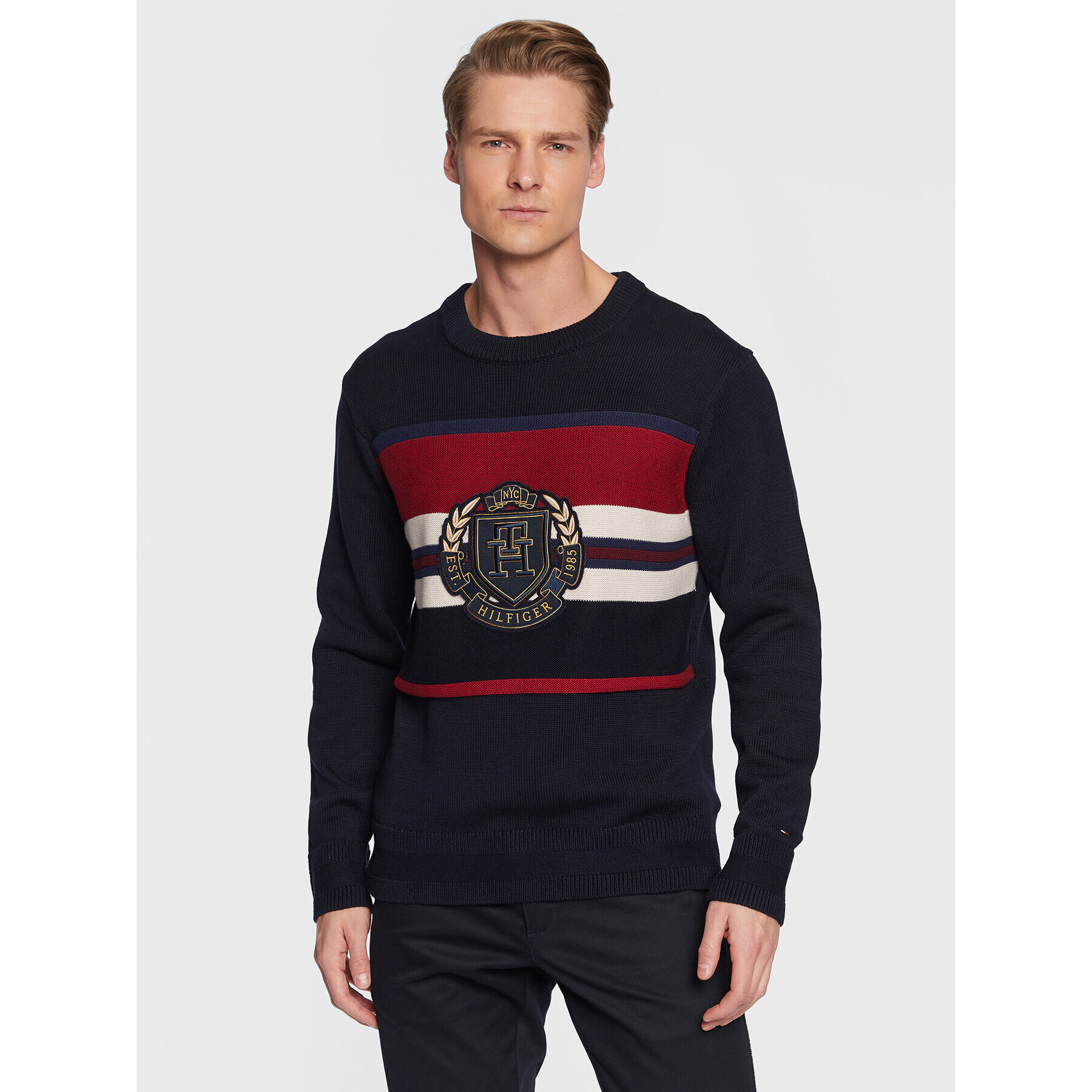 Tommy Hilfiger Пуловер Seasonal Crest Stripe MW0MW29050 Тъмносин Relaxed Fit - Pepit.bg