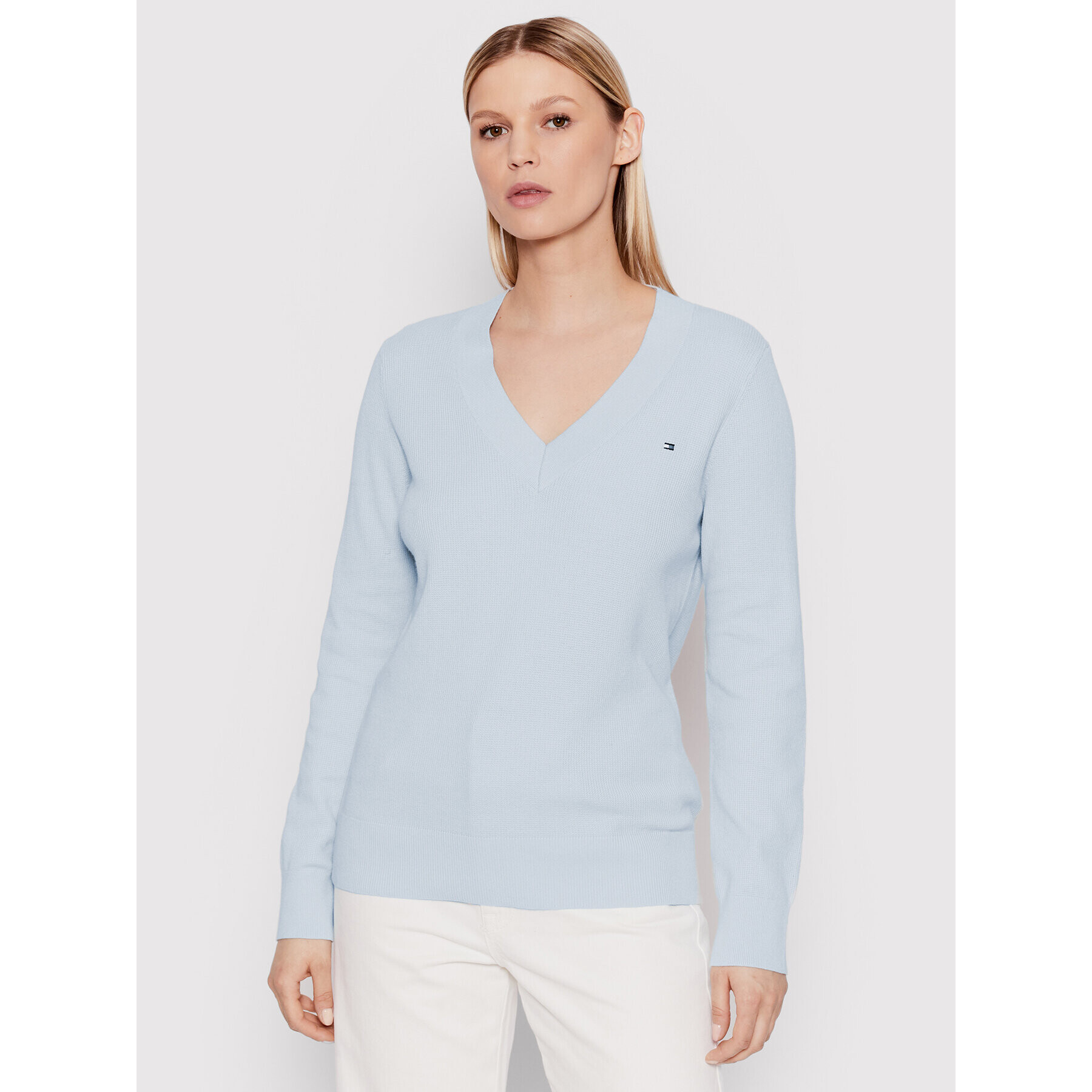 Tommy Hilfiger Пуловер Textured V-Neck WW0WW33724 Син Regular Fit - Pepit.bg