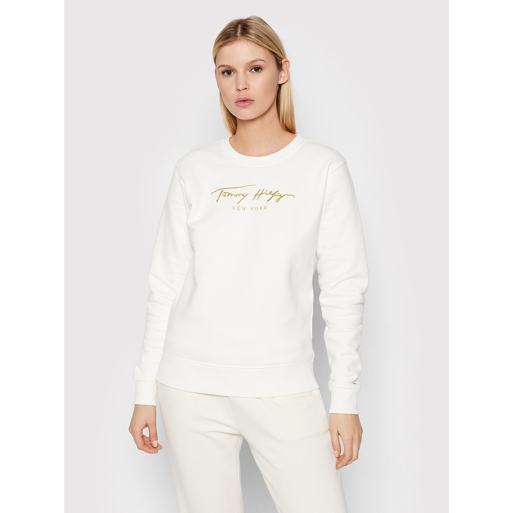 Tommy Hilfiger Суитшърт Fleece Gold Script WW0WW33846 Бял Regular Fit - Pepit.bg