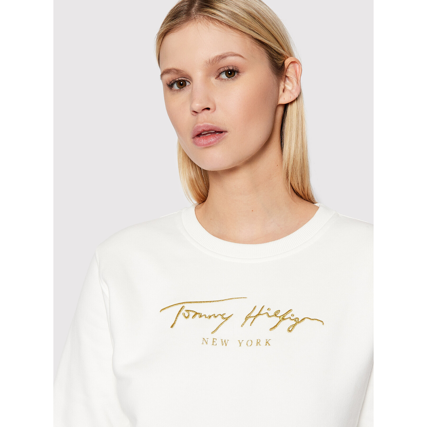 Tommy Hilfiger Суитшърт Fleece Gold Script WW0WW33846 Бял Regular Fit - Pepit.bg