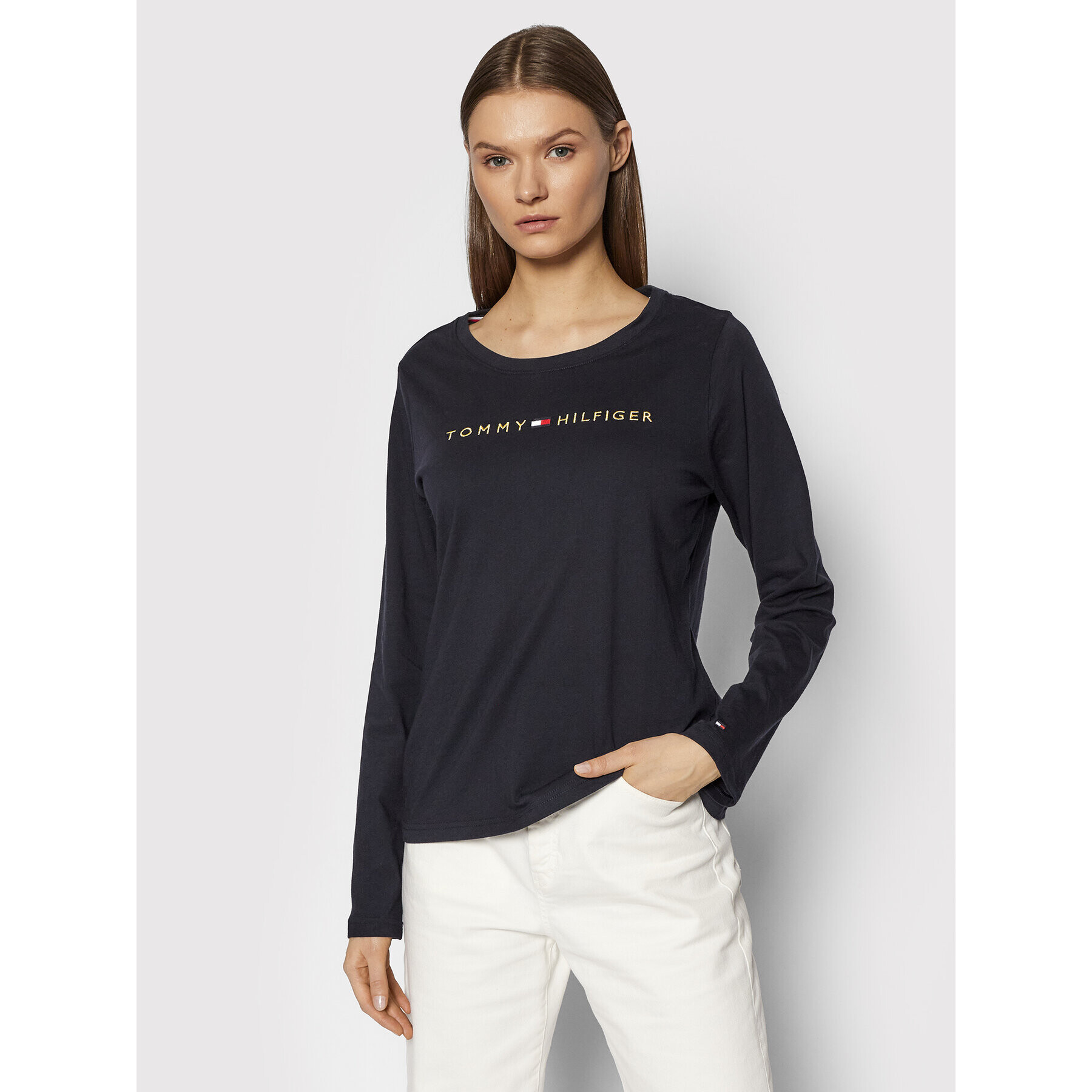 Tommy Hilfiger Тениска на пижама Ls Logo UW0UW01908 Тъмносин Regular Fit - Pepit.bg