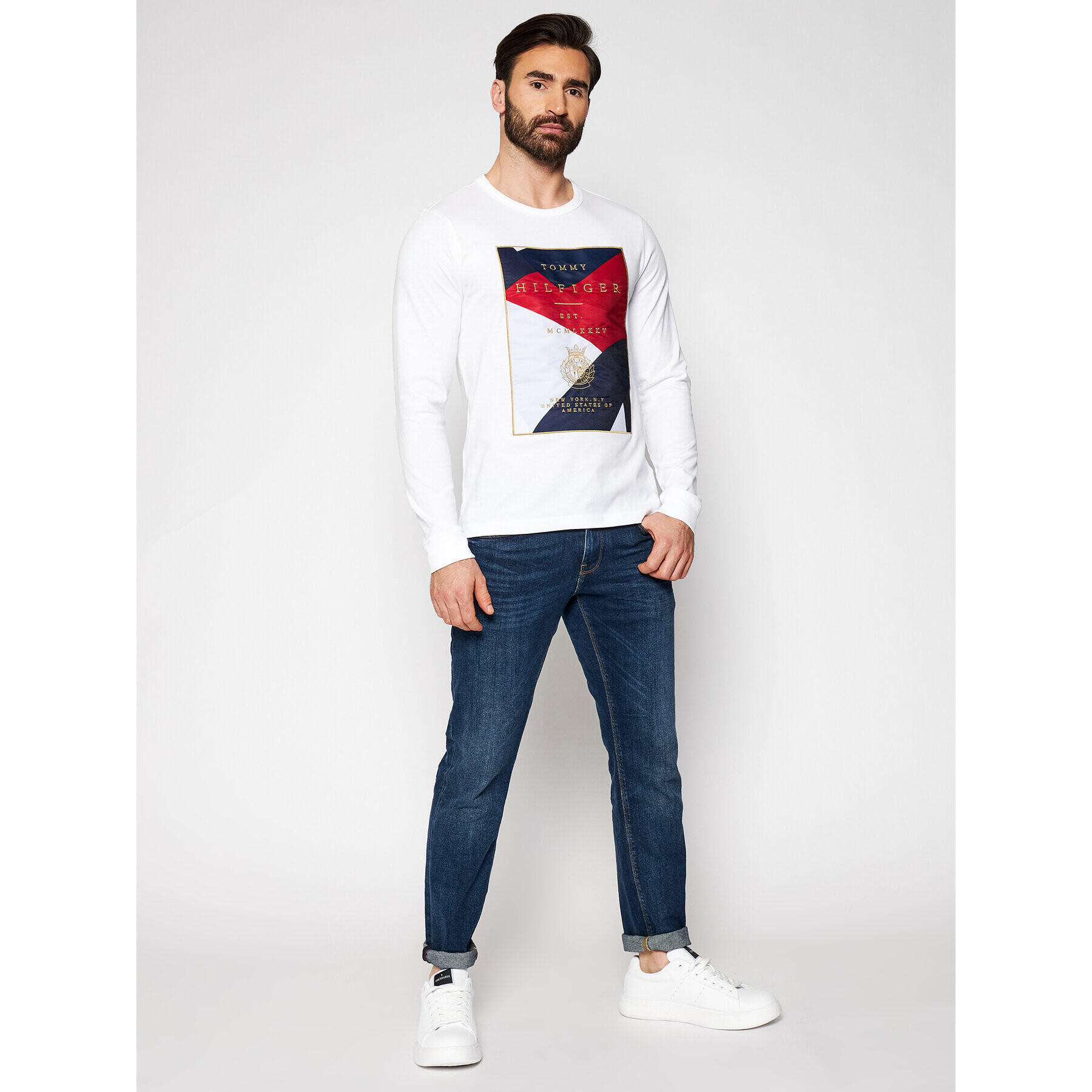 Tommy Hilfiger Тениска с дълъг ръкав Icon Patch MW0MW18427 Бял Regular Fit - Pepit.bg