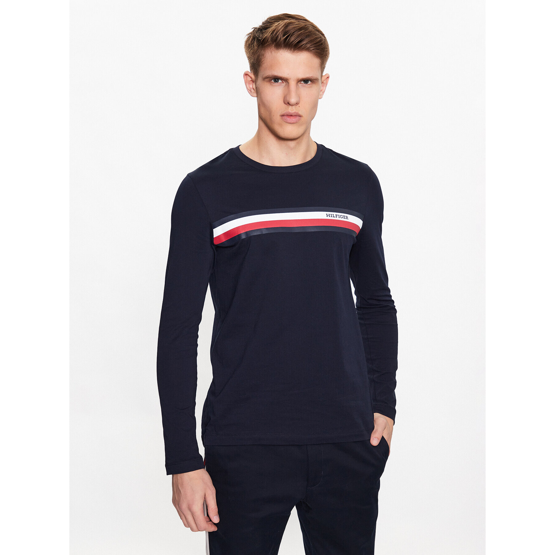 Tommy Hilfiger Тениска с дълъг ръкав Monotype Chest Stripe MW0MW32366 Тъмносин Slim Fit - Pepit.bg