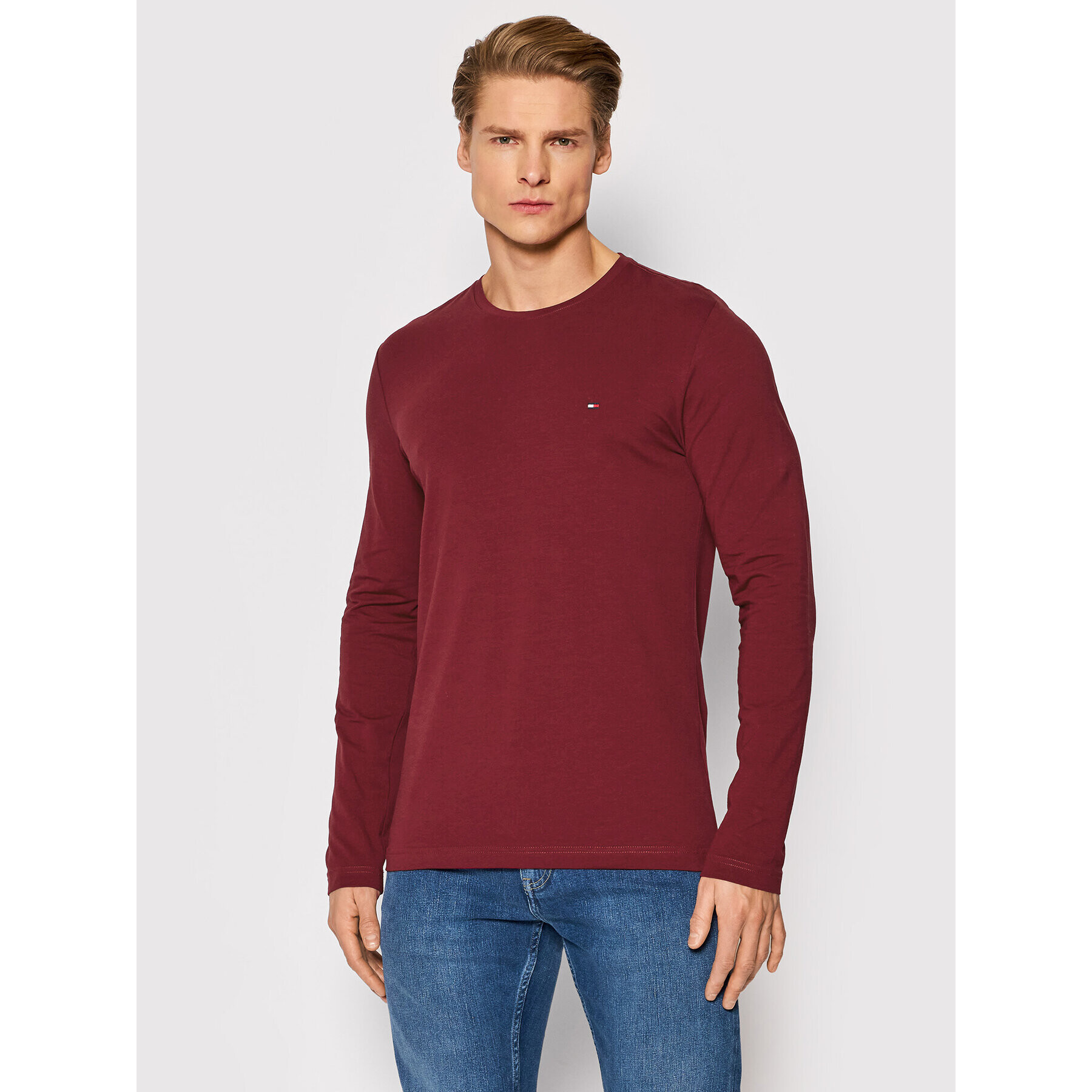 Tommy Hilfiger Тениска с дълъг ръкав Stretch Logo MW0MW10804 Бордо Slim Fit - Pepit.bg