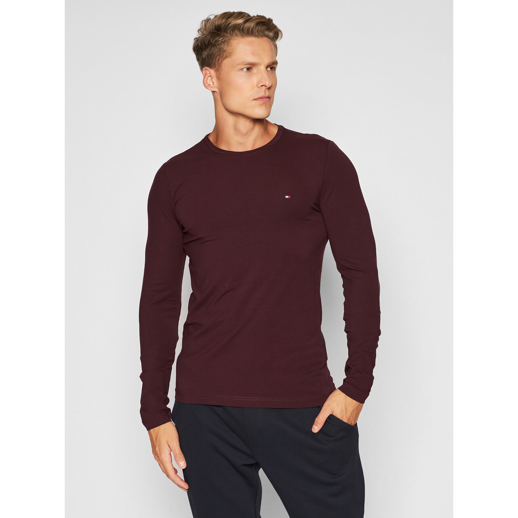 Tommy Hilfiger Тениска с дълъг ръкав Stretch Long Sleeve MW0MW10804 Бордо Slim Fit - Pepit.bg