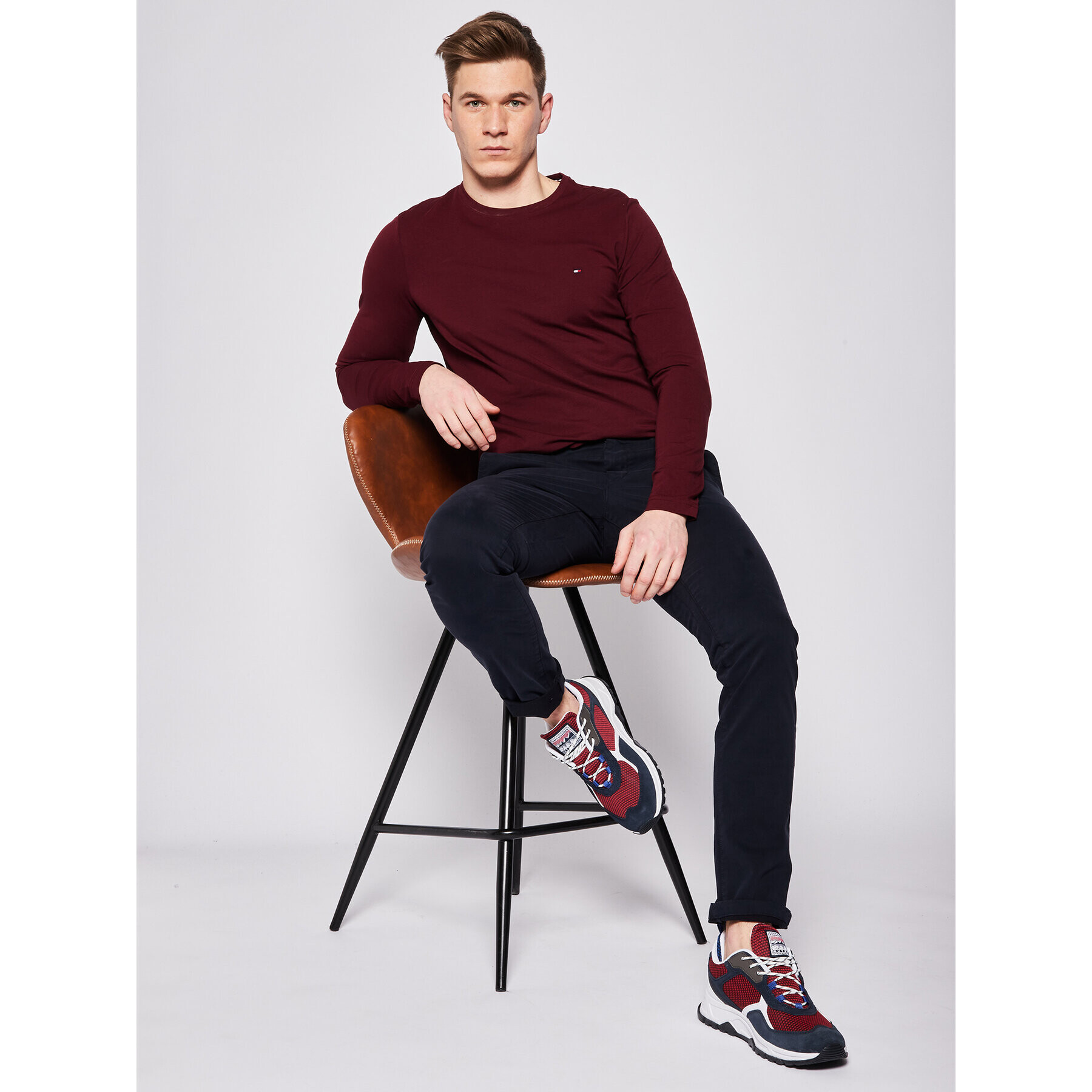 Tommy Hilfiger Тениска с дълъг ръкав Stretch Tee MW0MW10804 Бордо Slim Fit - Pepit.bg