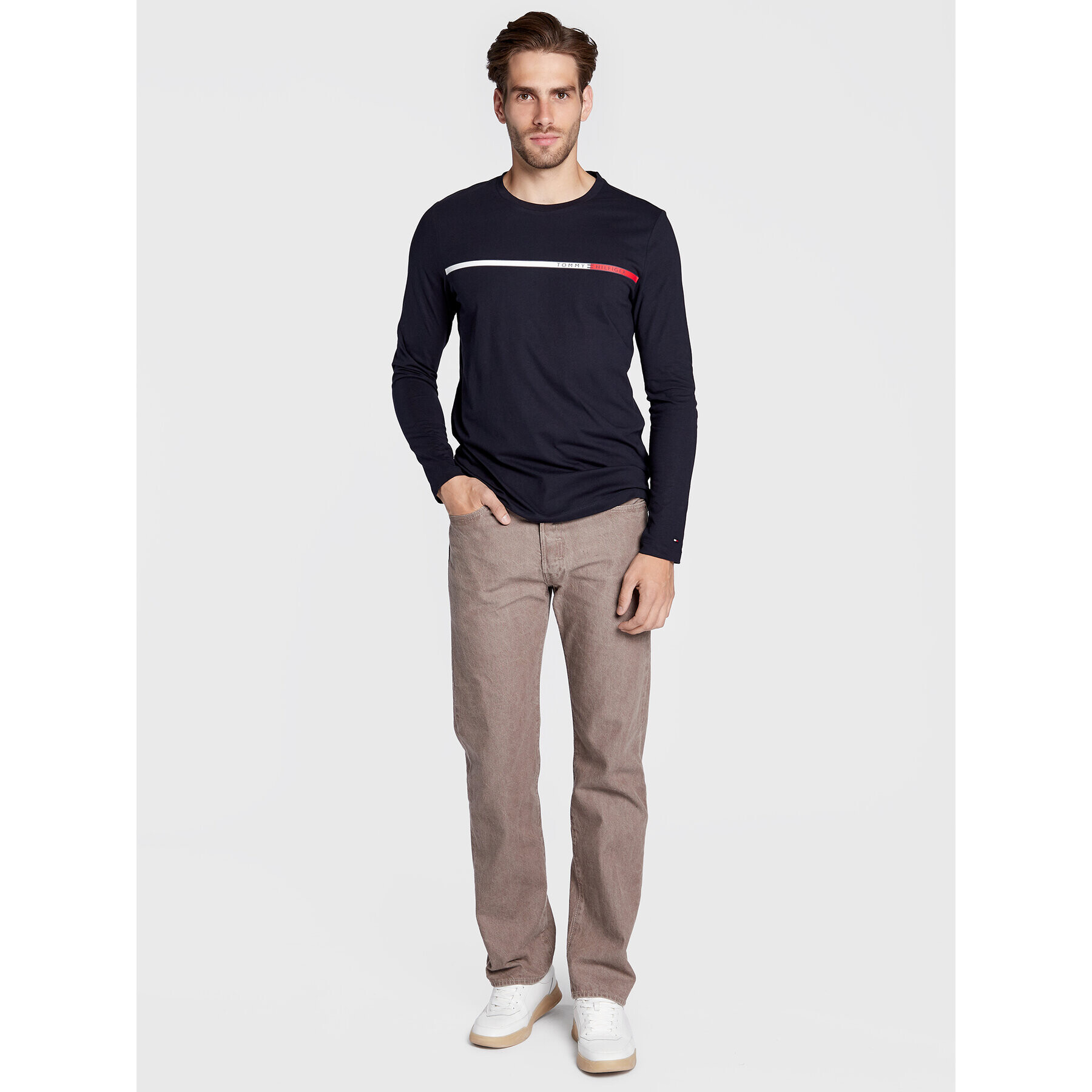 Tommy Hilfiger Тениска с дълъг ръкав Two Tone Chest Stripe MW0MW28785 Тъмносин Slim Fit - Pepit.bg