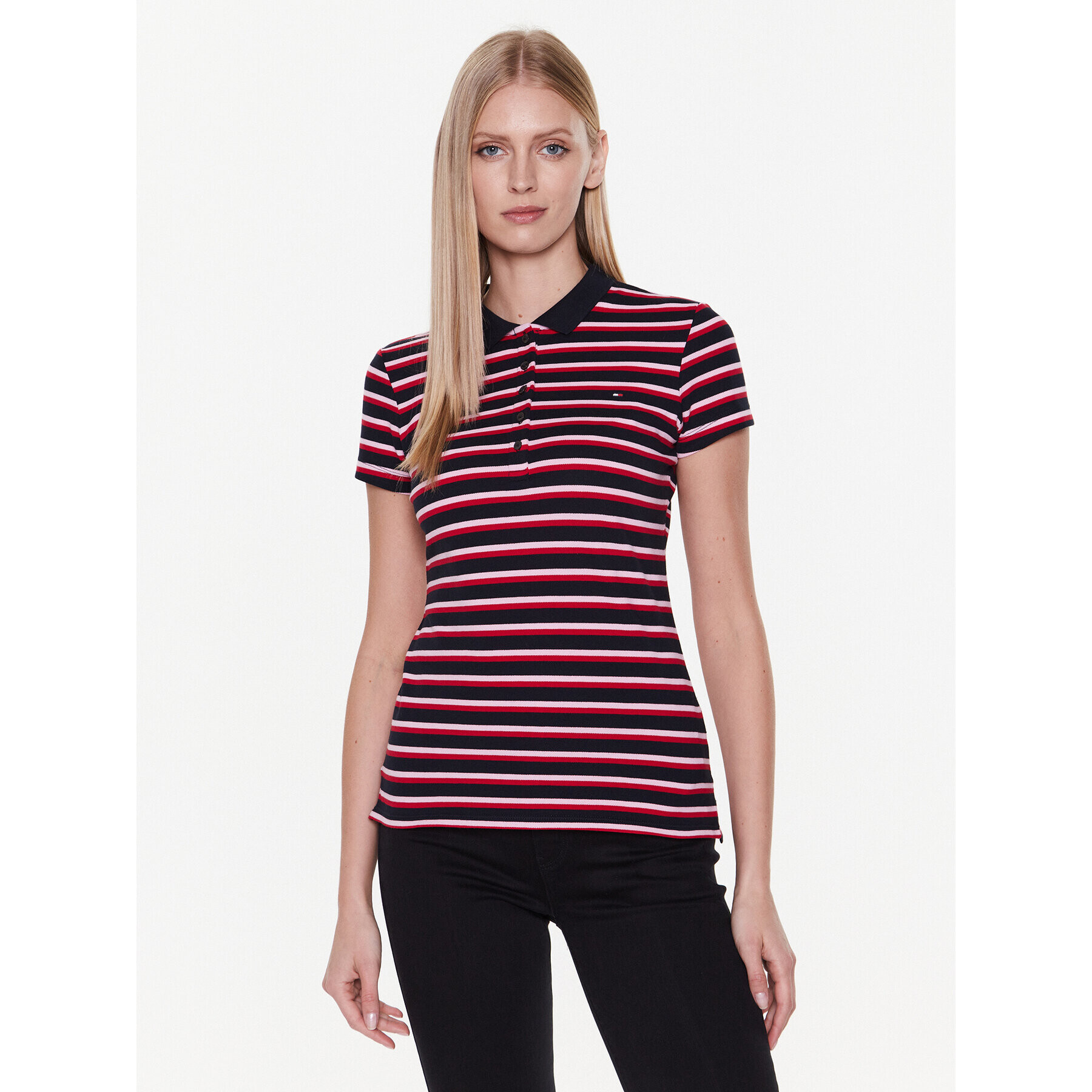 Tommy Hilfiger Тениска с яка и копчета Stripe WW0WW27151 Тъмносин Slim Fit - Pepit.bg