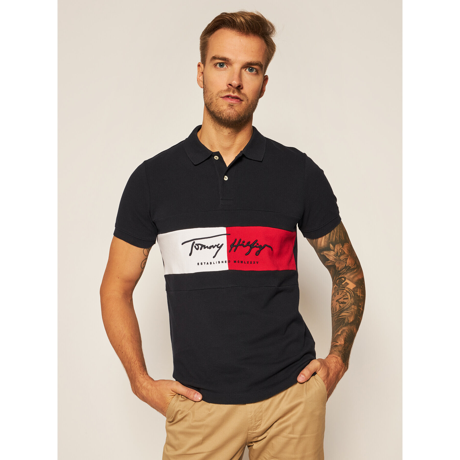 Tommy Hilfiger Тениска с яка и копчета Autograph Flag MW0MW14159 Тъмносин Slim Fit - Pepit.bg